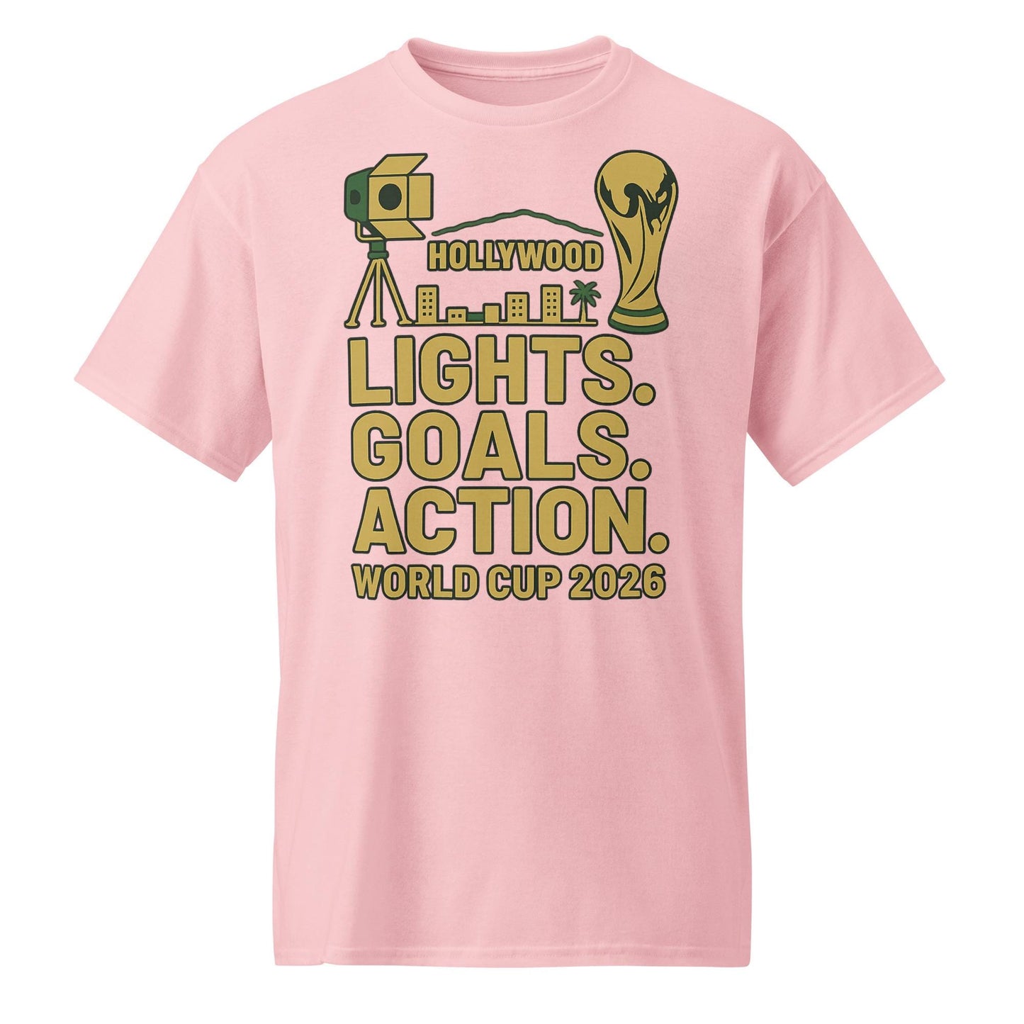Lights Goals Action Shirt – Hollywood Style World Cup 2026 Tee | Soccer + Cinema Gold on Black - DryBlend® T-Shirt