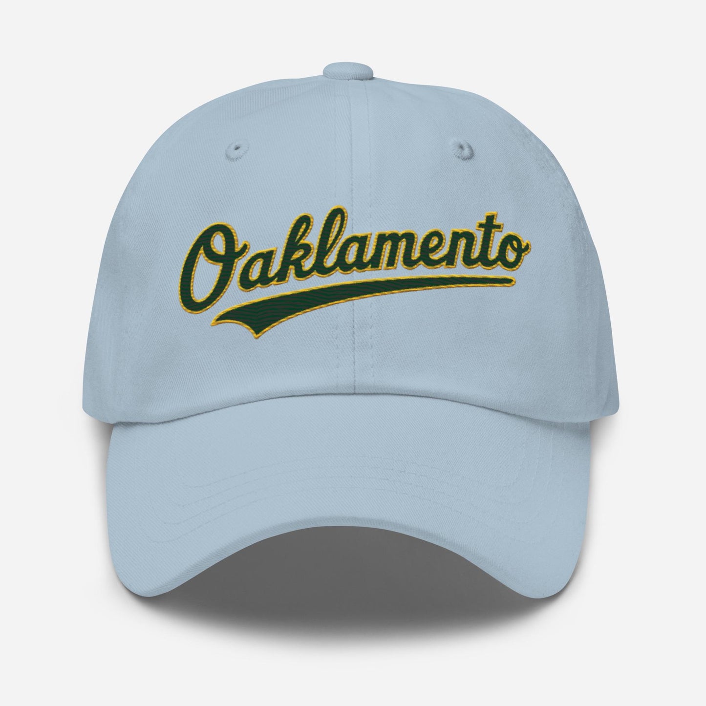 Oaklamento Hat (green letters/gold trim)– Embroidered Baseball Cap for A’s Fans | Oakland to Sacramento Relocation Cap