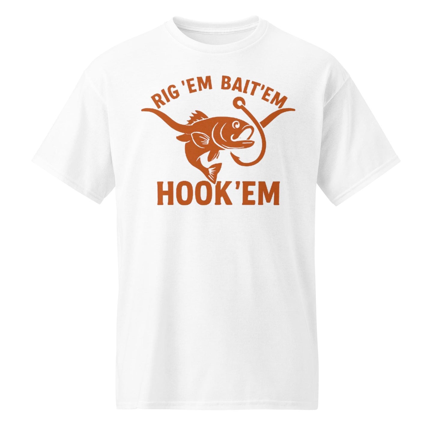 Rig Em Bait Em Hook Em Shirt – Texas Longhorn Fishing Tee – Hook ‘Em Outdoors Shirt – Texas Sportsman Gift – Dad Hat – DryBlend® T-Shirt