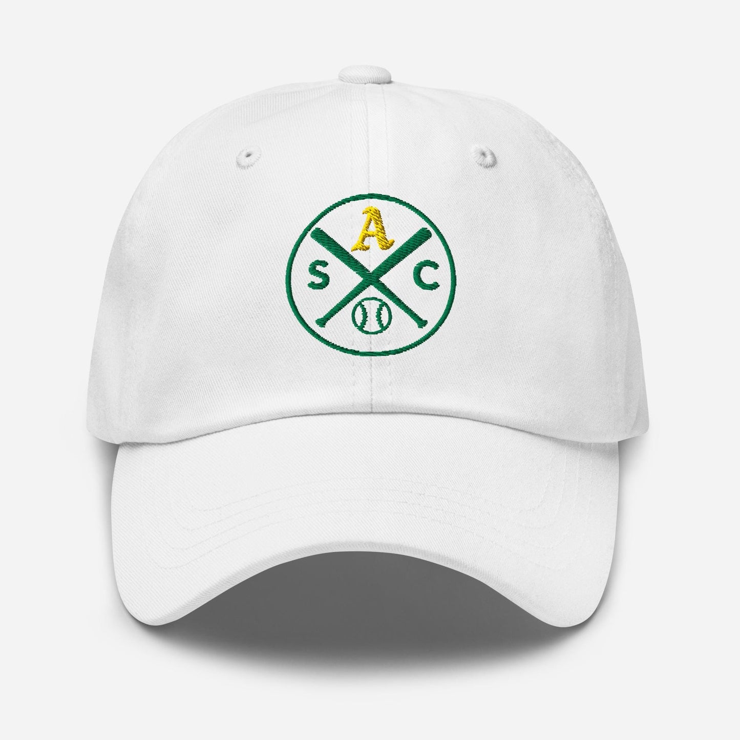 SAC Baseball Logo Cap – Sacramento Baseball Fan Hat (gold A, green logo)