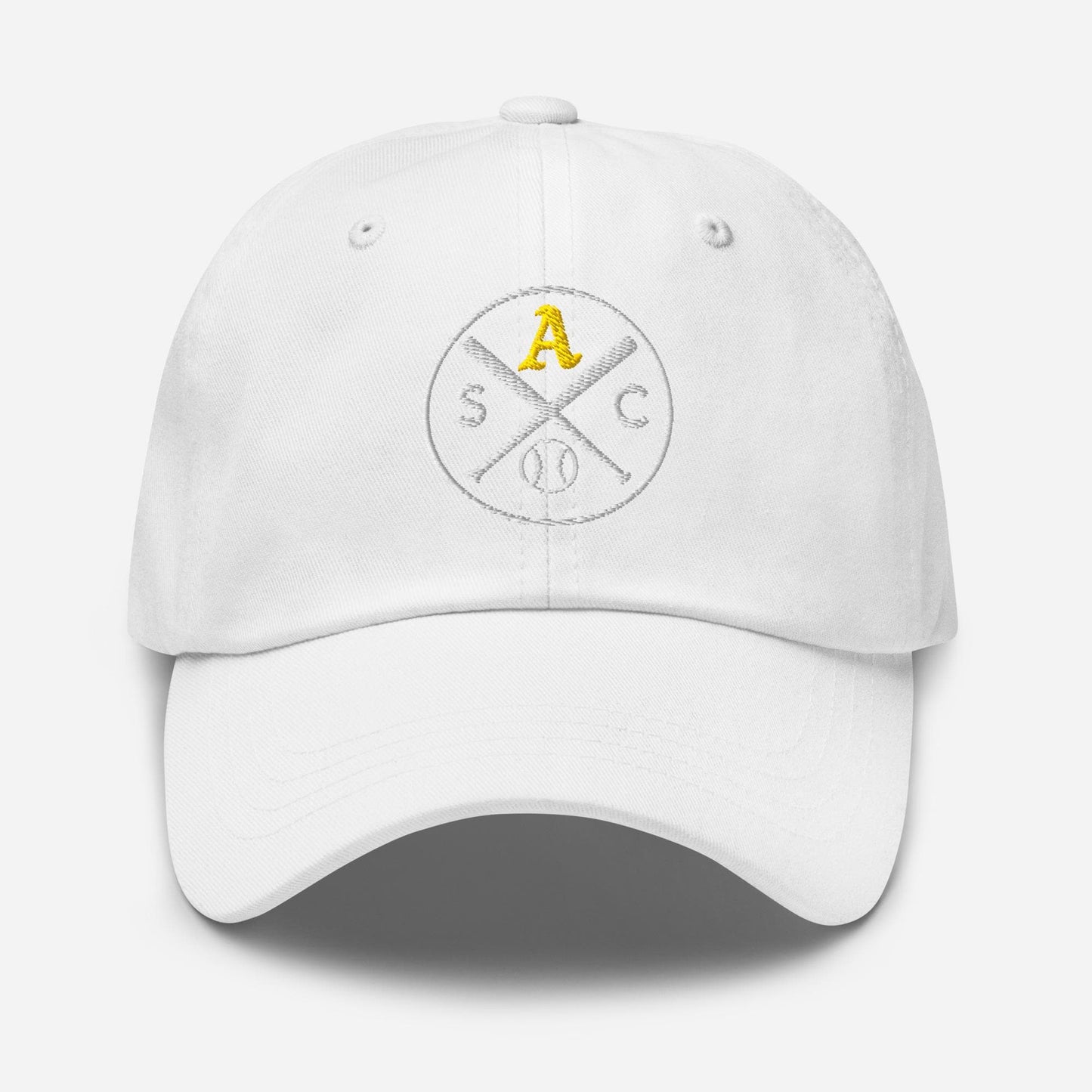 SAC Baseball Logo Cap – Sacramento Baseball Fan Hat (gold A, white logo)
