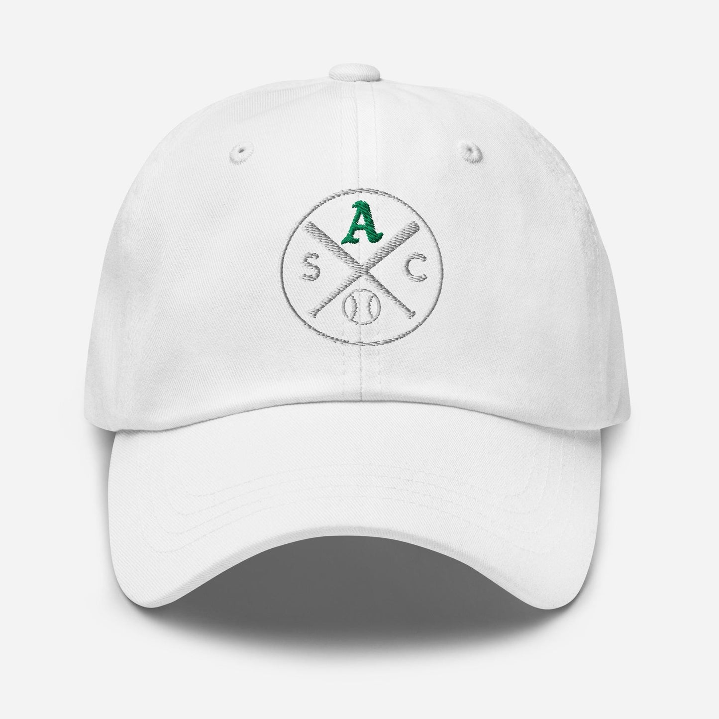 SAC Baseball Logo Cap – Sacramento Baseball Fan Hat (green A, white logo)