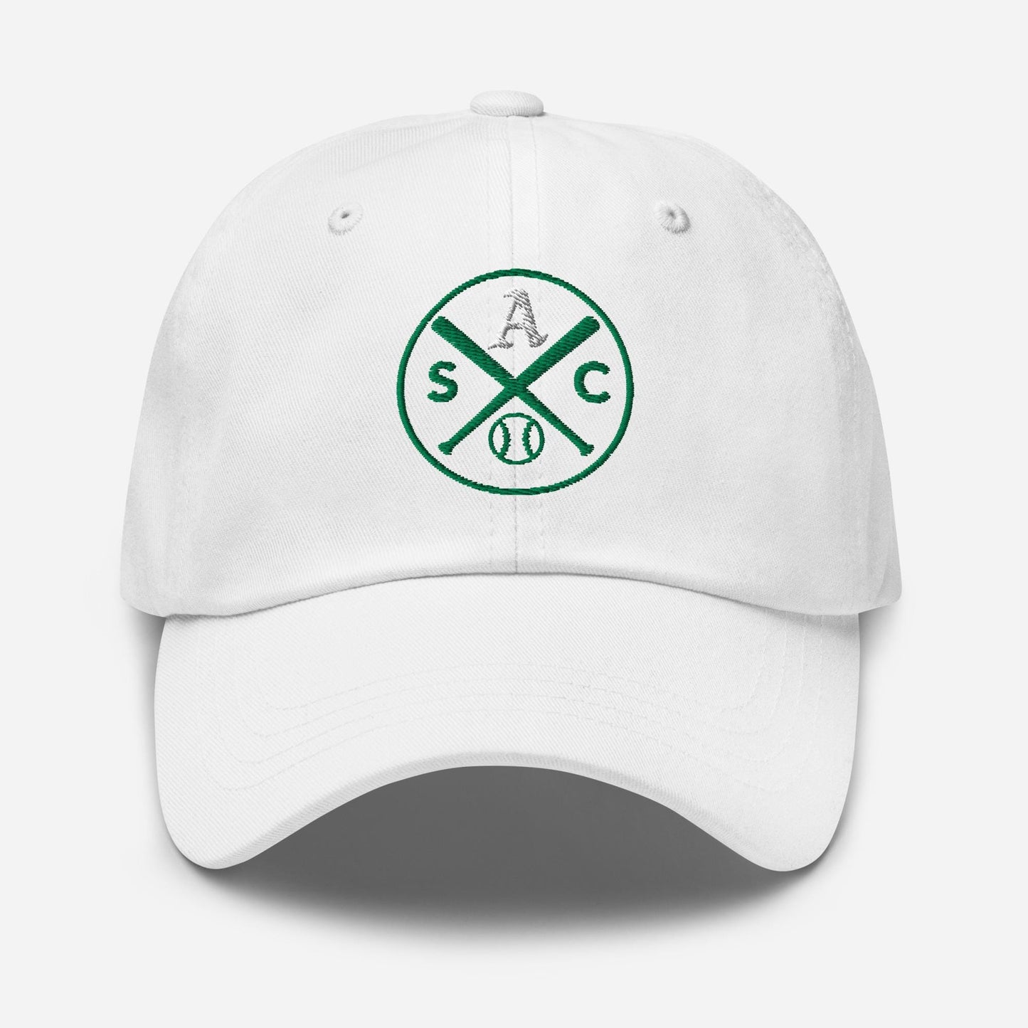SAC Baseball Logo Cap – Sacramento Baseball Fan Hat (white A, green logo)
