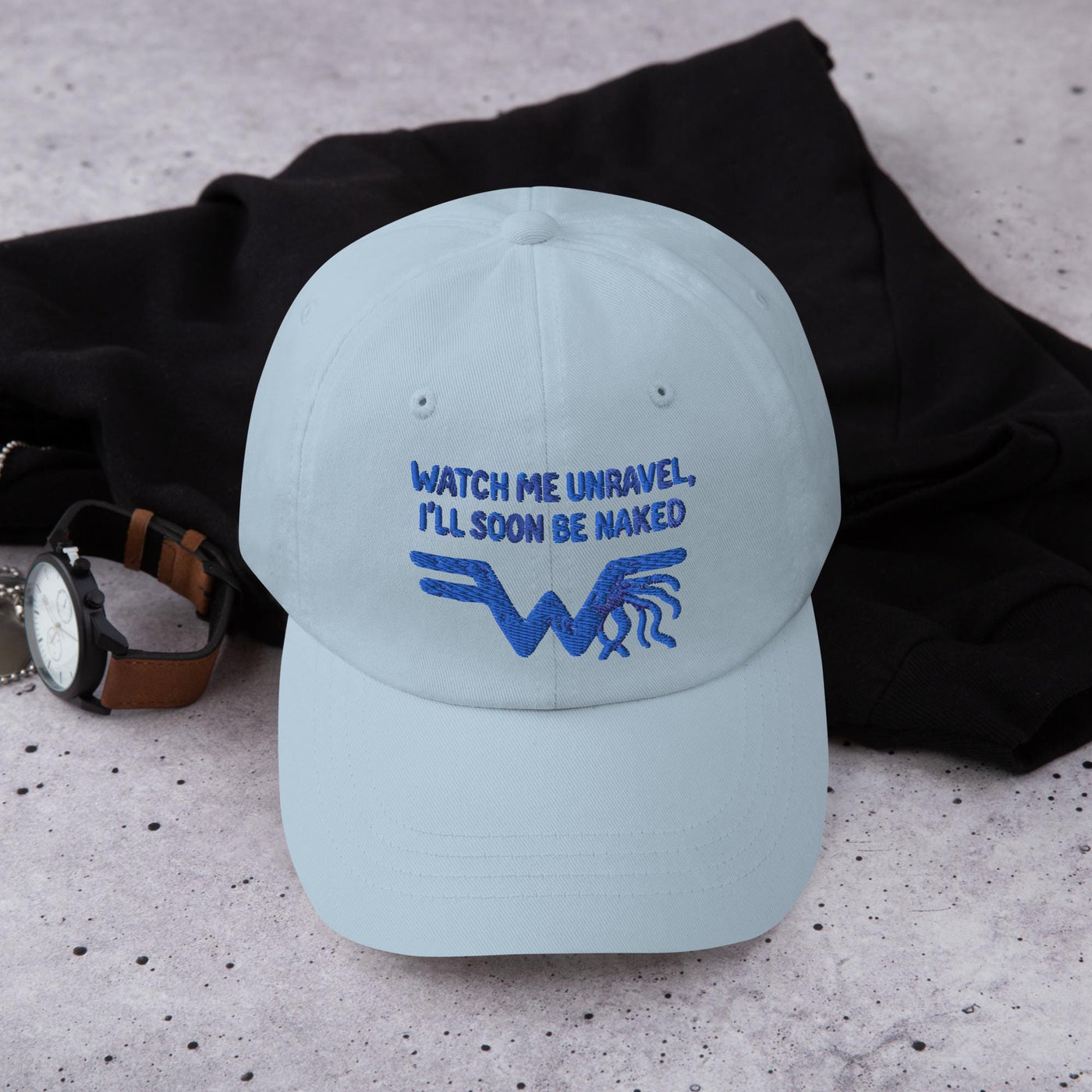 Watch Me Unravel Cap – Weezer-Inspired Embroidered Hat – Sweater Song Yarn Logo – Alt Rock Unisex Hat – Indie Band Fan Gift
