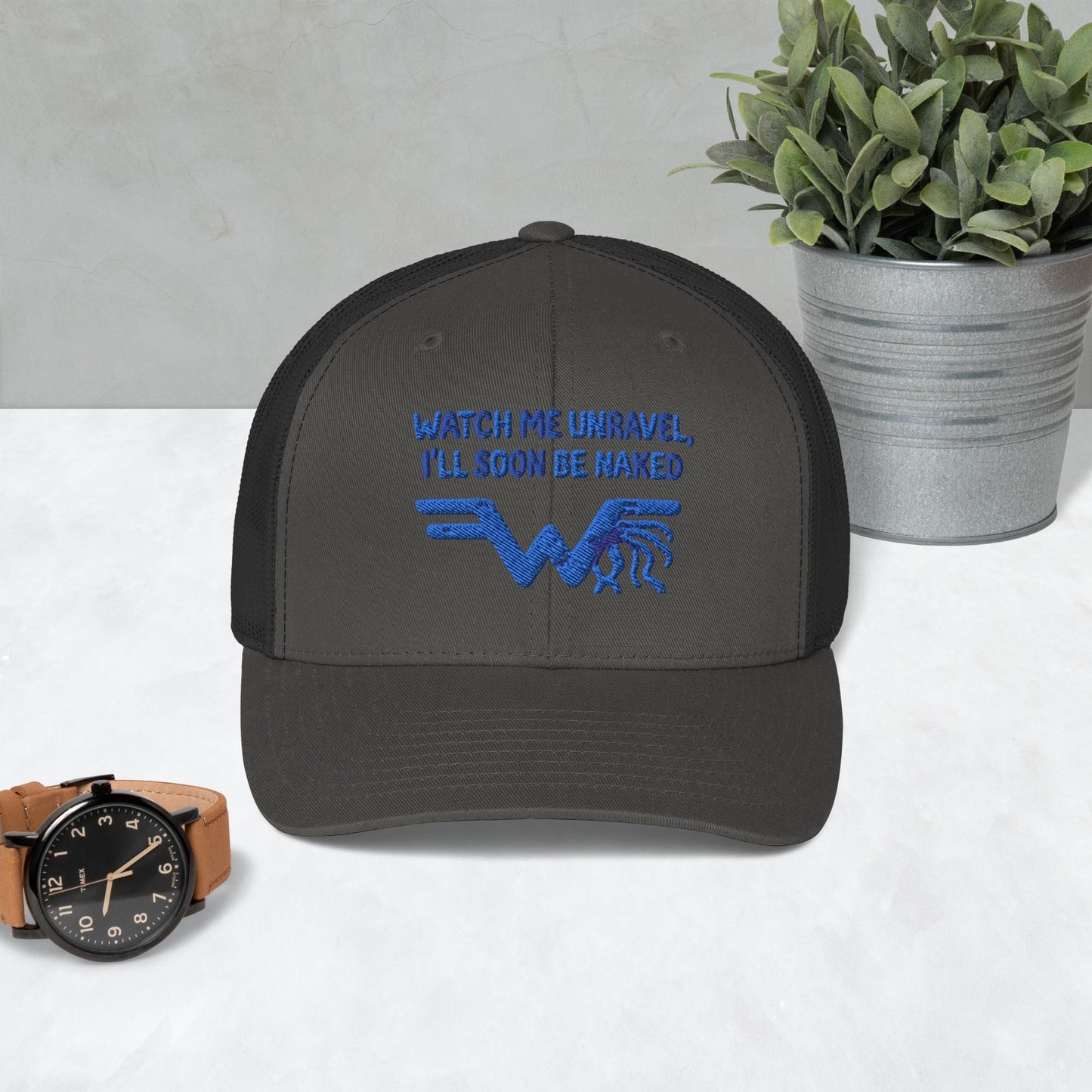 Watch Me Unravel Trucker Cap – Weezer-Inspired Embroidered Hat – Sweater Song Yarn Logo – Alt Rock Unisex Trucker Hat – Indie Band Fan Gift