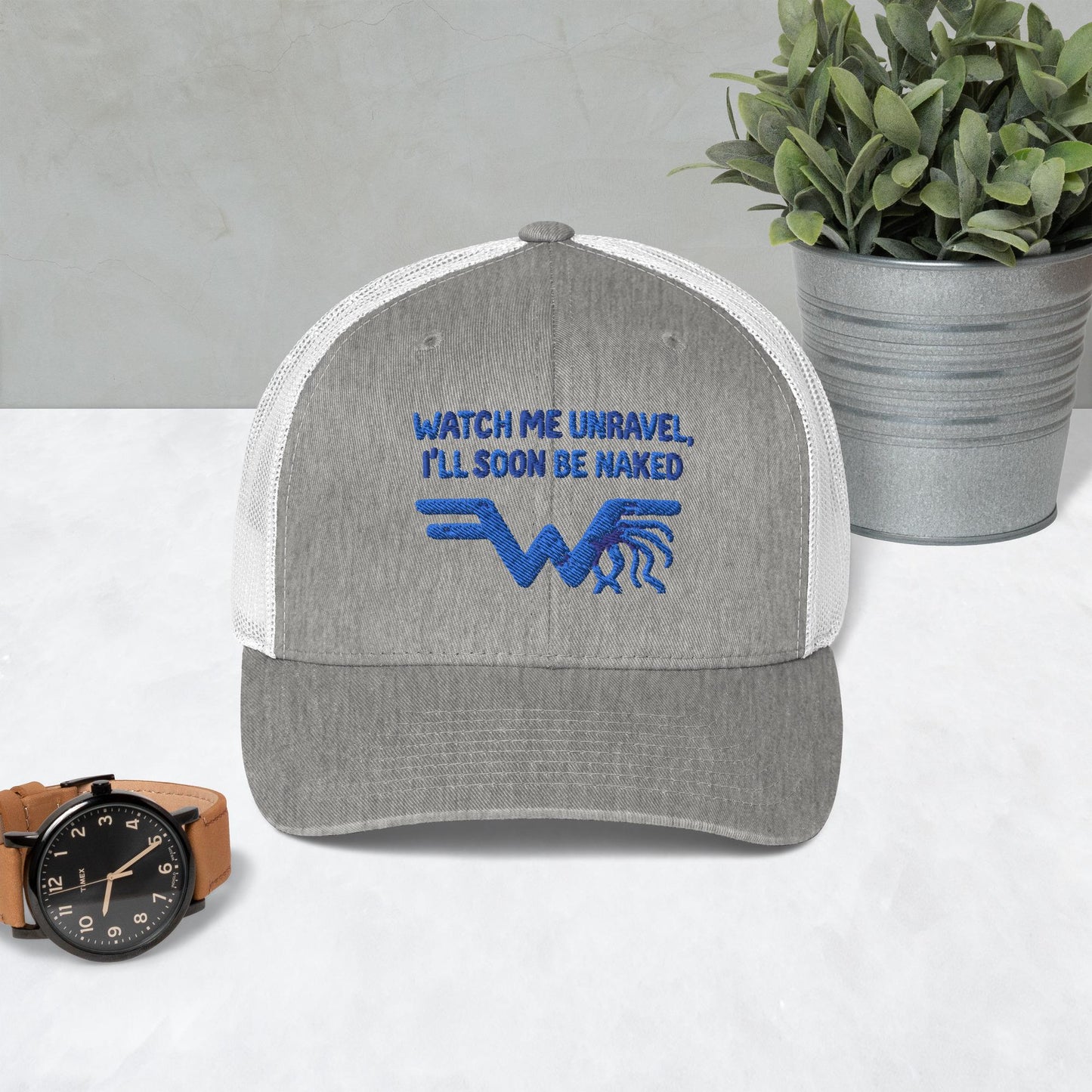Watch Me Unravel Trucker Cap – Weezer-Inspired Embroidered Hat – Sweater Song Yarn Logo – Alt Rock Unisex Trucker Hat – Indie Band Fan Gift