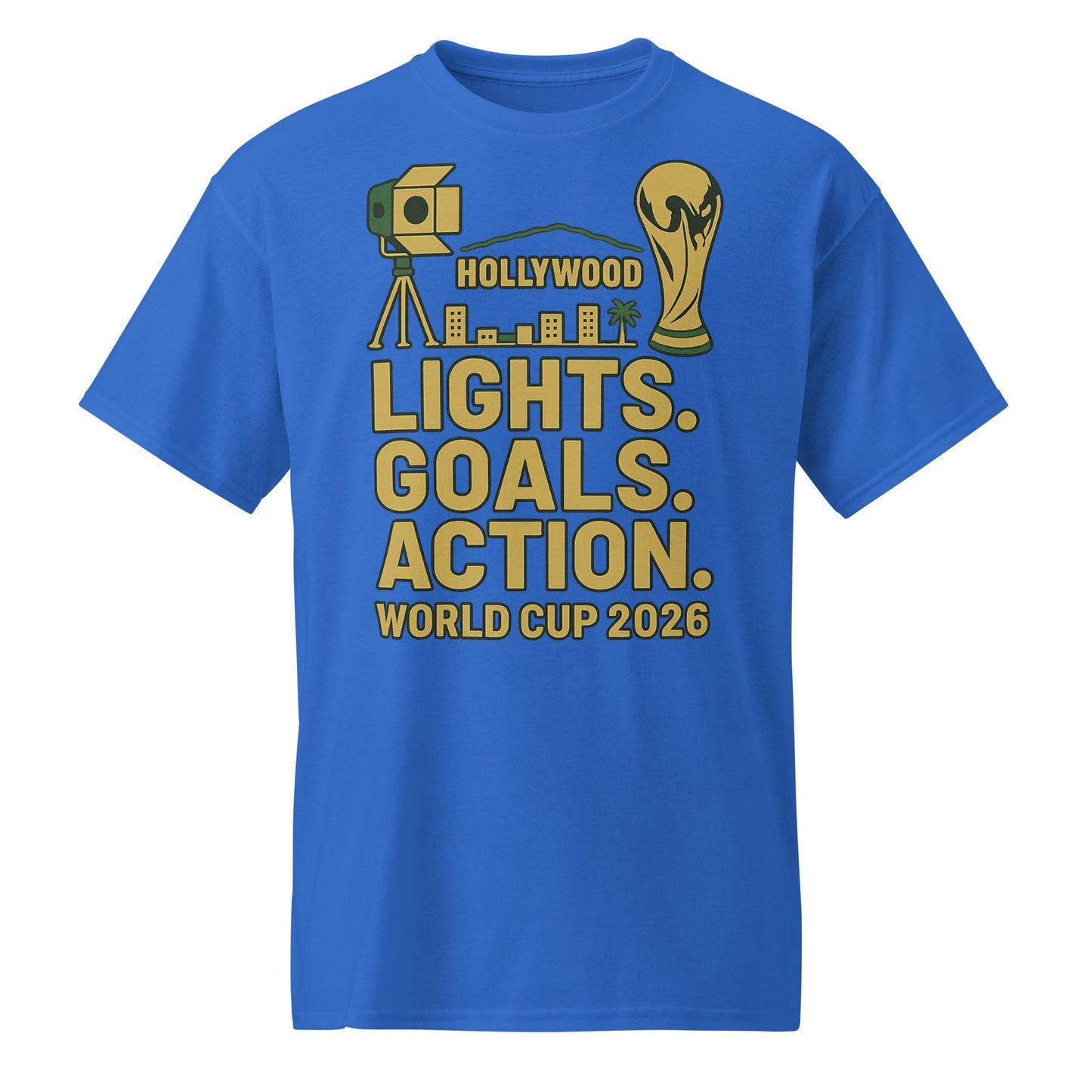 Lights Goals Action Shirt – Hollywood Style World Cup 2026 Tee | Soccer + Cinema Gold on Black - DryBlend® T-Shirt