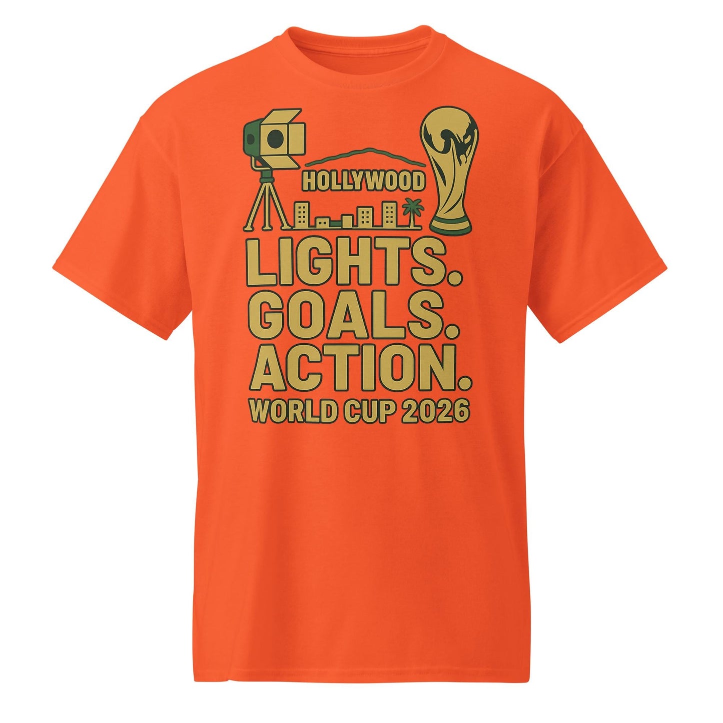 Lights Goals Action Shirt – Hollywood Style World Cup 2026 Tee | Soccer + Cinema Gold on Black - DryBlend® T-Shirt