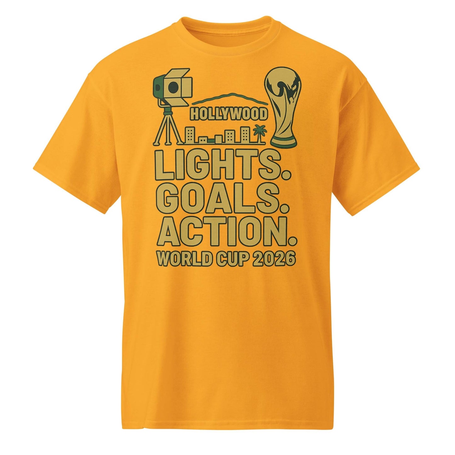 Lights Goals Action Shirt – Hollywood Style World Cup 2026 Tee | Soccer + Cinema Gold on Black - DryBlend® T-Shirt