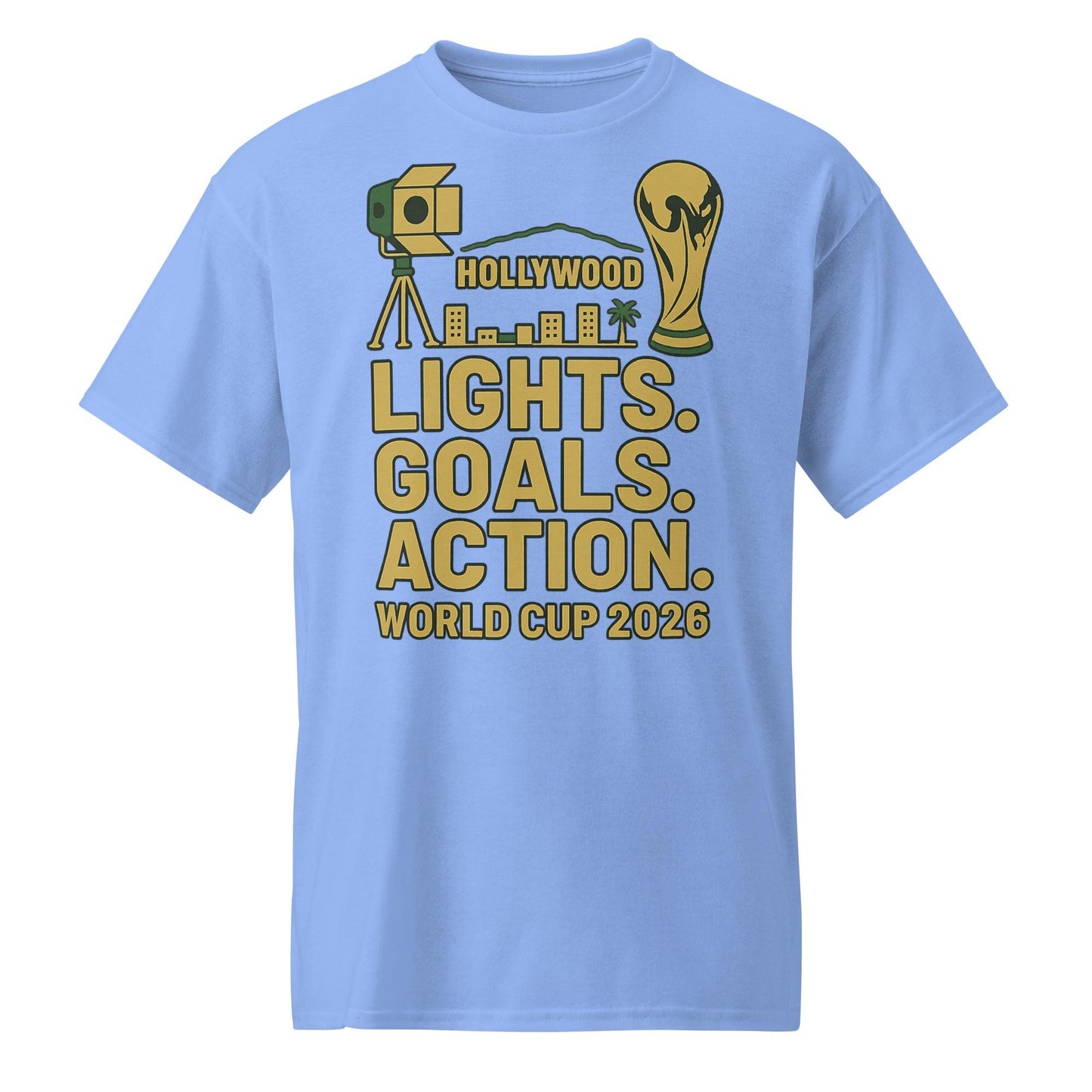 Lights Goals Action Shirt – Hollywood Style World Cup 2026 Tee | Soccer + Cinema Gold on Black - DryBlend® T-Shirt