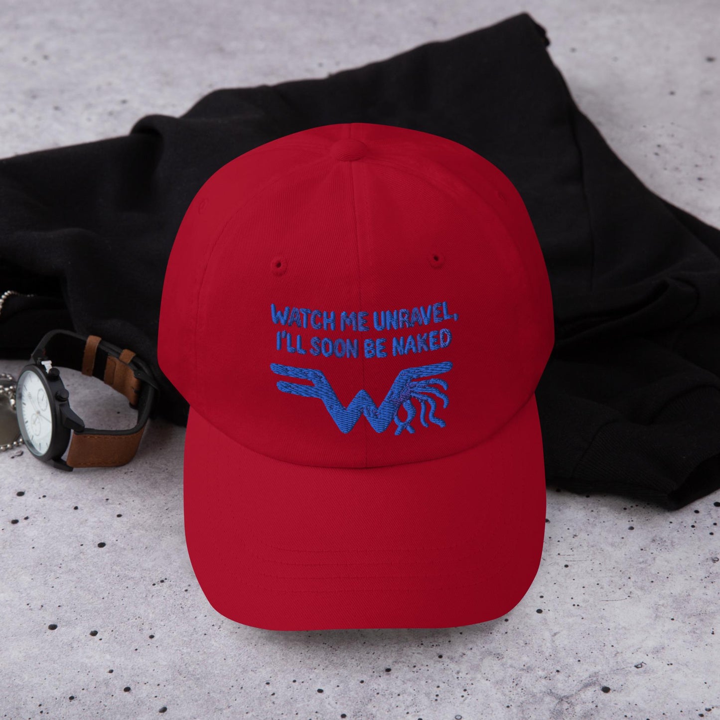 Watch Me Unravel Cap – Weezer-Inspired Embroidered Hat – Sweater Song Yarn Logo – Alt Rock Unisex Hat – Indie Band Fan Gift