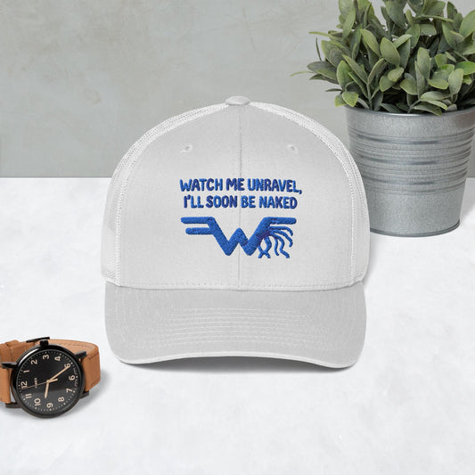 Watch Me Unravel Trucker Cap – Weezer-Inspired Embroidered Hat – Sweater Song Yarn Logo – Alt Rock Unisex Trucker Hat – Indie Band Fan Gift