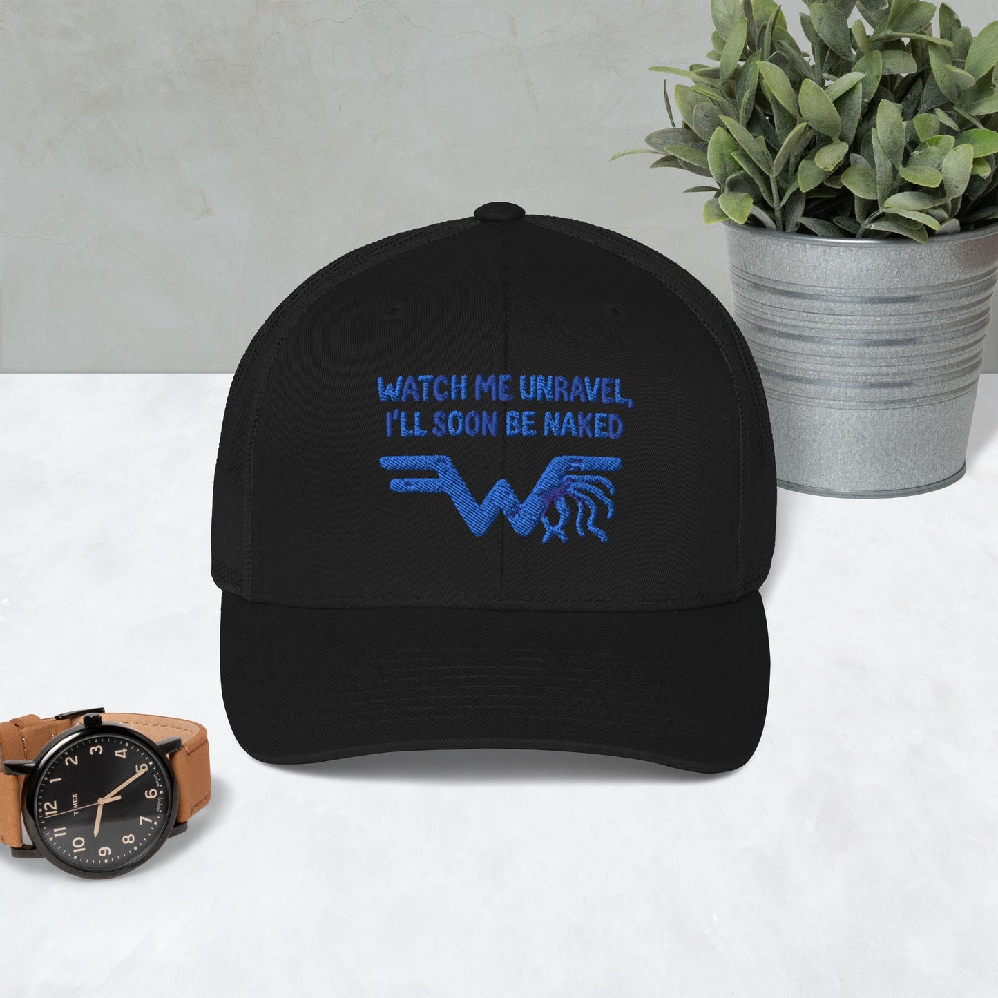 Watch Me Unravel Trucker Cap – Weezer-Inspired Embroidered Hat – Sweater Song Yarn Logo – Alt Rock Unisex Trucker Hat – Indie Band Fan Gift