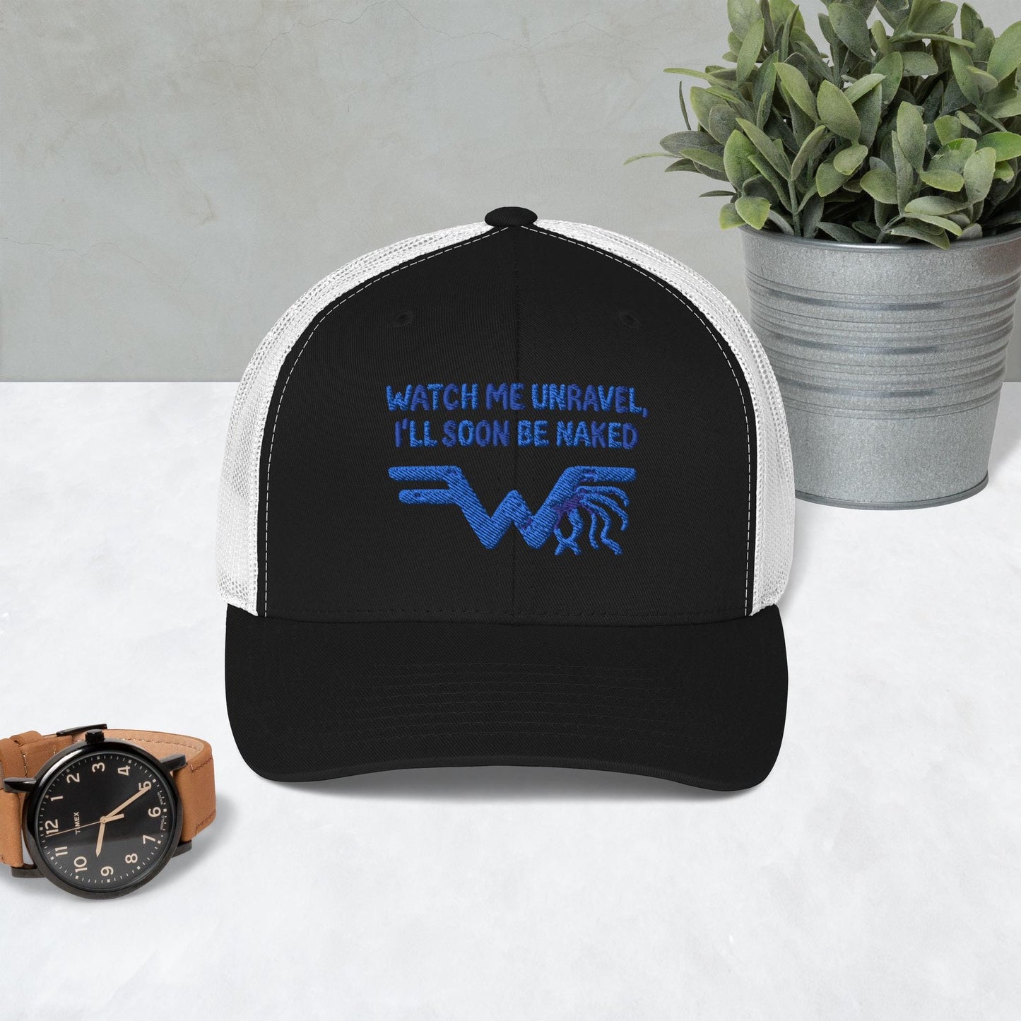 Watch Me Unravel Trucker Cap – Weezer-Inspired Embroidered Hat – Sweater Song Yarn Logo – Alt Rock Unisex Trucker Hat – Indie Band Fan Gift