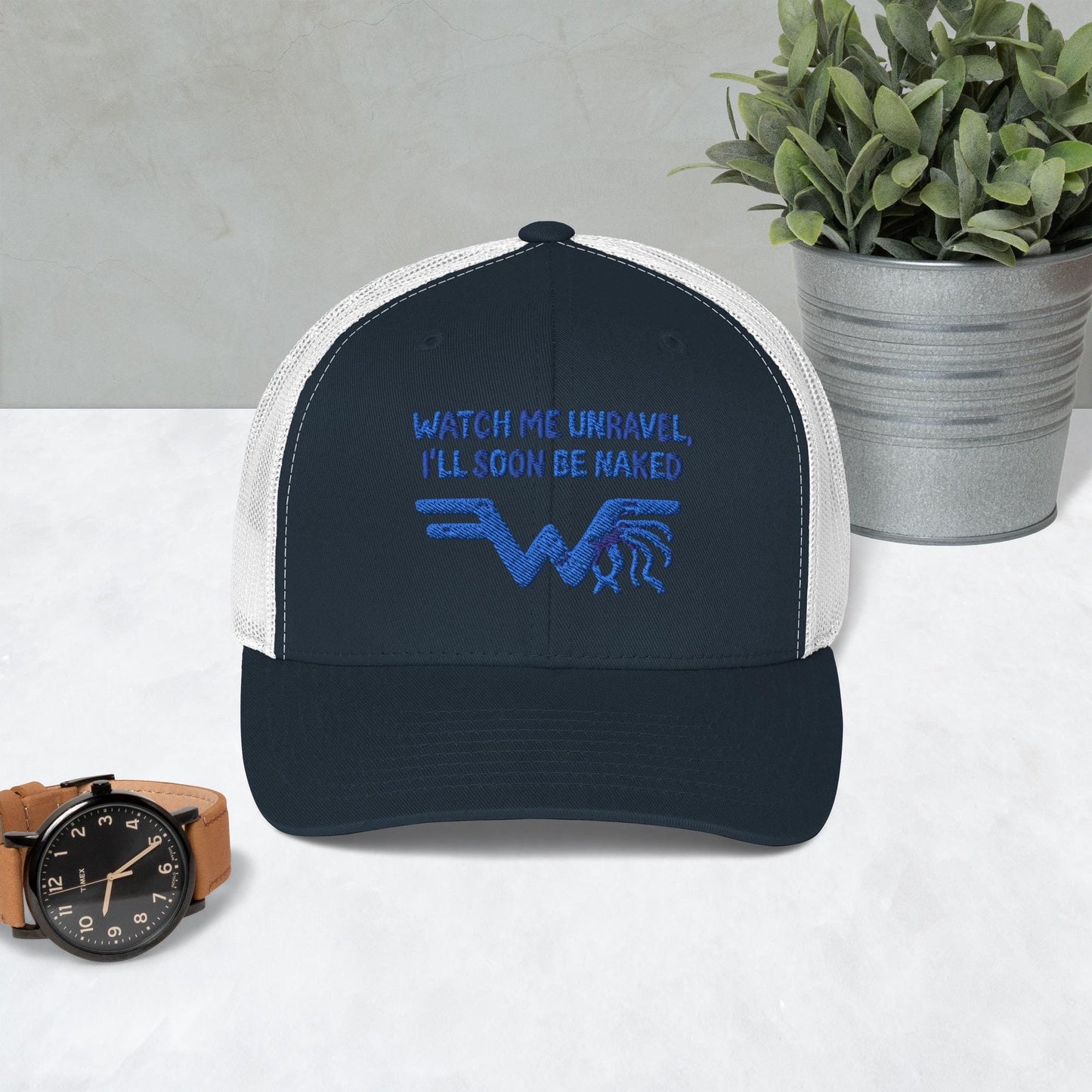 Watch Me Unravel Trucker Cap – Weezer-Inspired Embroidered Hat – Sweater Song Yarn Logo – Alt Rock Unisex Trucker Hat – Indie Band Fan Gift