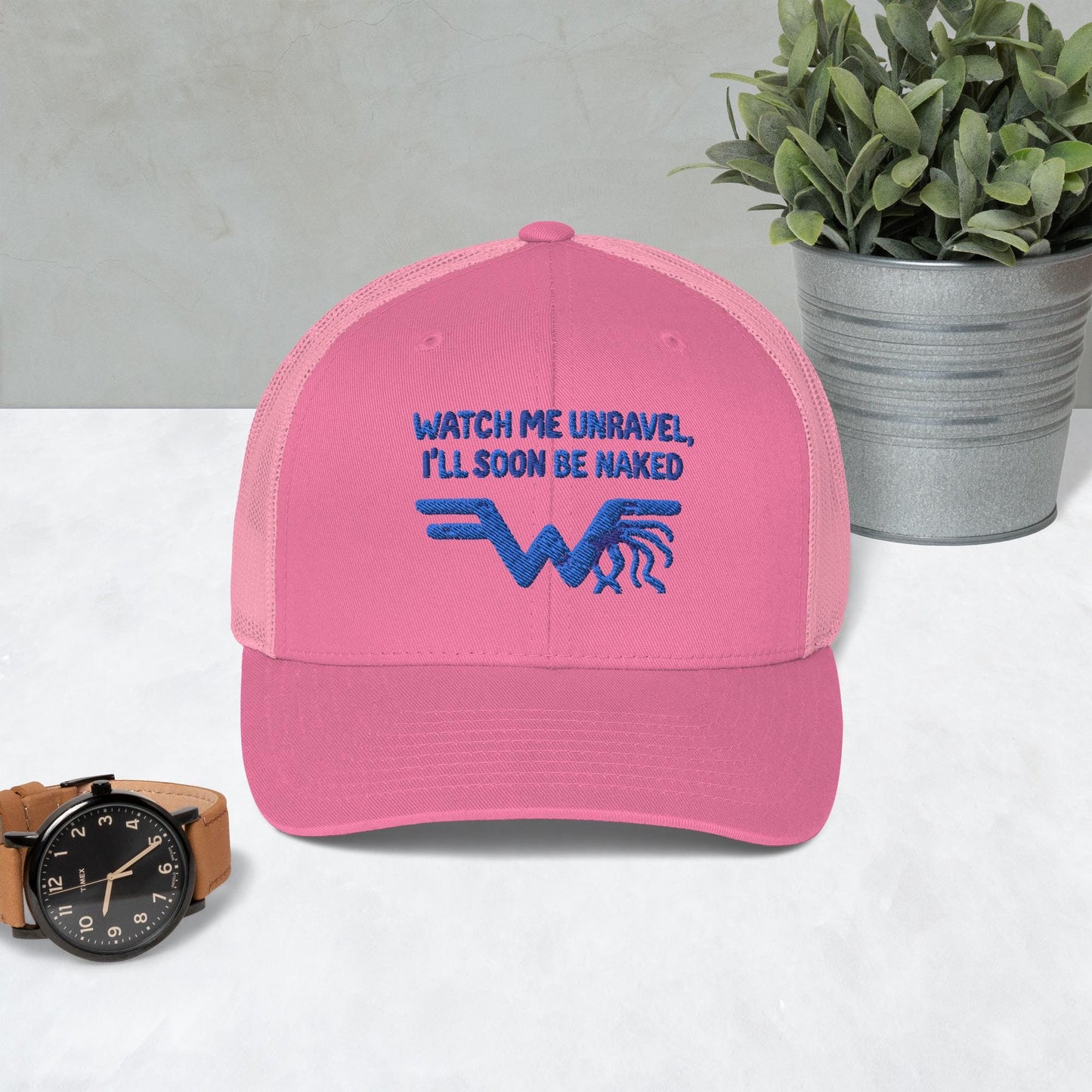 Watch Me Unravel Trucker Cap – Weezer-Inspired Embroidered Hat – Sweater Song Yarn Logo – Alt Rock Unisex Trucker Hat – Indie Band Fan Gift
