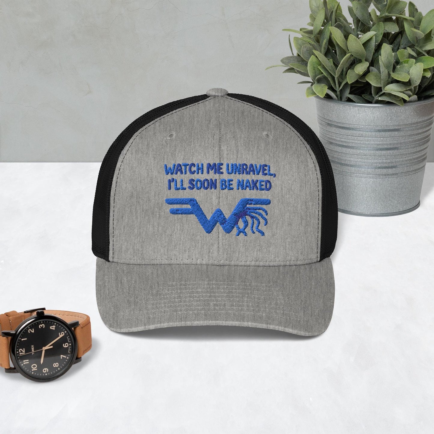 Watch Me Unravel Trucker Cap – Weezer-Inspired Embroidered Hat – Sweater Song Yarn Logo – Alt Rock Unisex Trucker Hat – Indie Band Fan Gift