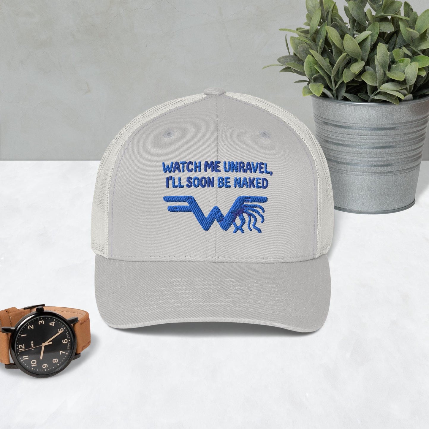 Watch Me Unravel Trucker Cap – Weezer-Inspired Embroidered Hat – Sweater Song Yarn Logo – Alt Rock Unisex Trucker Hat – Indie Band Fan Gift