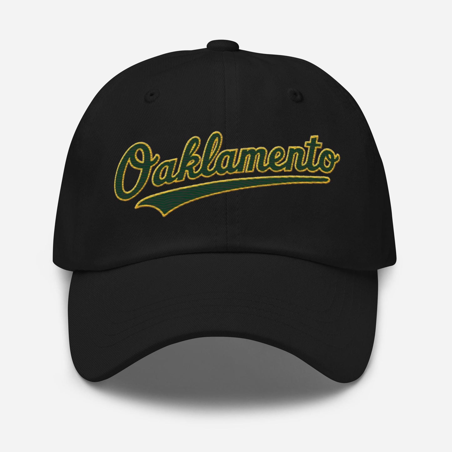 Oaklamento Hat (green letters/gold trim)– Embroidered Baseball Cap for A’s Fans | Oakland to Sacramento Relocation Cap