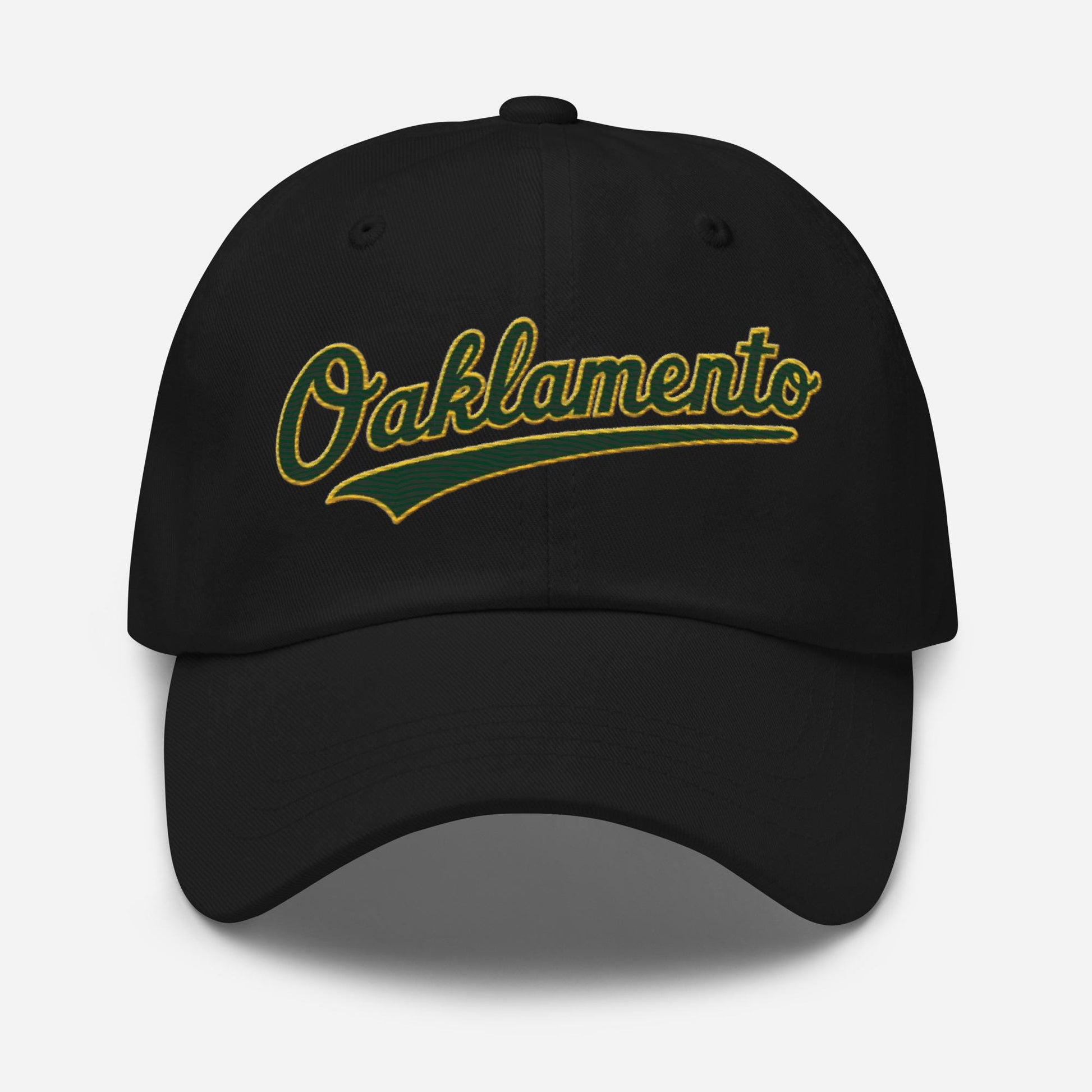 Oaklamento Hat (green letters/gold trim)– Embroidered Baseball Cap for A’s Fans | Oakland to Sacramento Relocation Cap