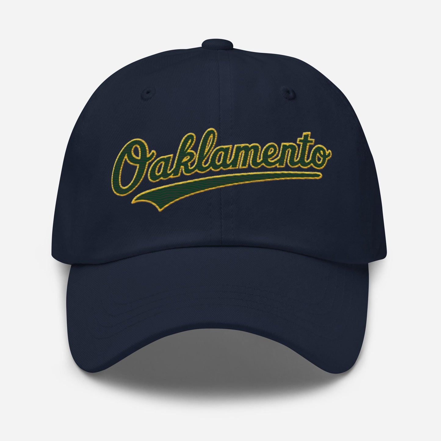Oaklamento Hat (green letters/gold trim)– Embroidered Baseball Cap for A’s Fans | Oakland to Sacramento Relocation Cap