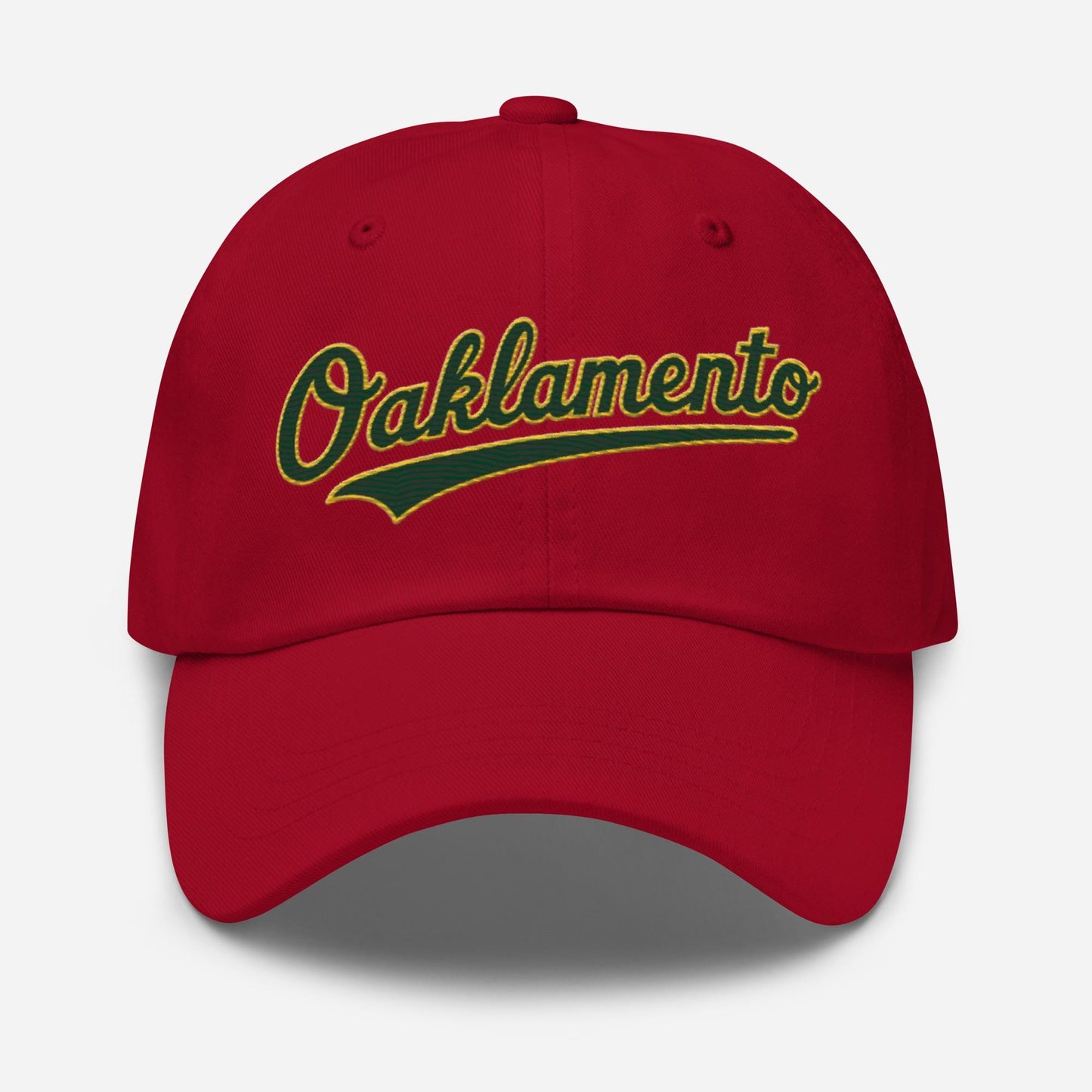 Oaklamento Hat (green letters/gold trim)– Embroidered Baseball Cap for A’s Fans | Oakland to Sacramento Relocation Cap