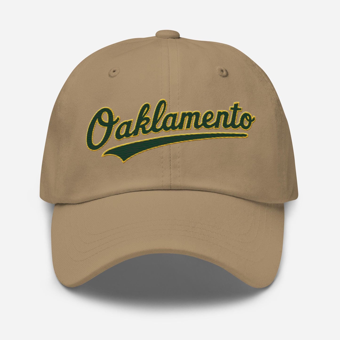 Oaklamento Hat (green letters/gold trim)– Embroidered Baseball Cap for A’s Fans | Oakland to Sacramento Relocation Cap