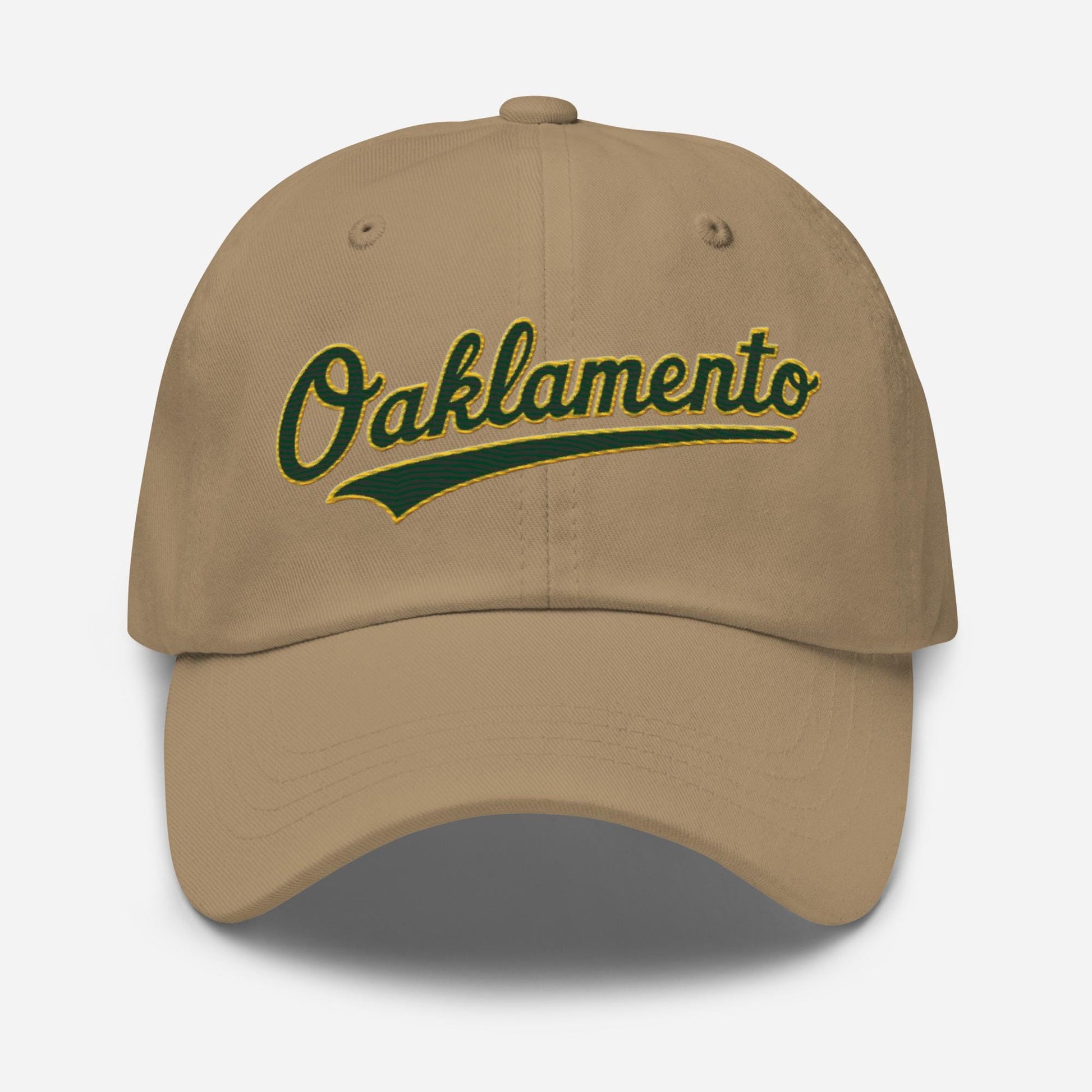 Oaklamento Hat (green letters/gold trim)– Embroidered Baseball Cap for A’s Fans | Oakland to Sacramento Relocation Cap