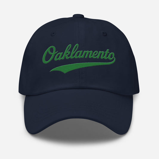 Oaklamento Hat (green letters) – Embroidered Baseball Cap for A’s Fans | Oakland to Sacramento Relocation Cap