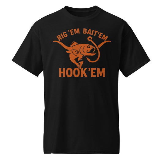 Rig Em Bait Em Hook Em Shirt – Texas Longhorn Fishing Tee – Hook ‘Em Outdoors Shirt –  Texas Sportsman Gift – Dad Hat – DryBlend® T-Shirt