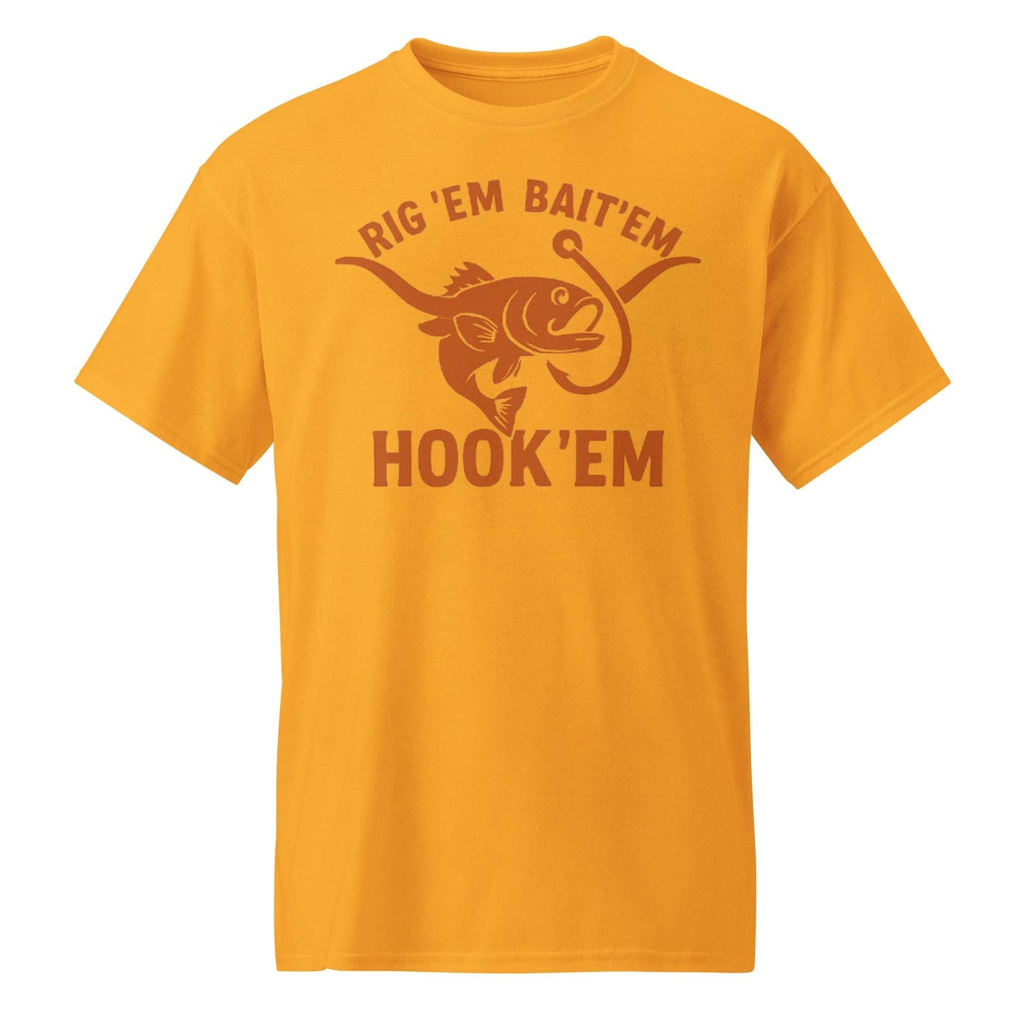 Rig Em Bait Em Hook Em Shirt – Texas Longhorn Fishing Tee – Hook ‘Em Outdoors Shirt –  Texas Sportsman Gift – Dad Hat – DryBlend® T-Shirt