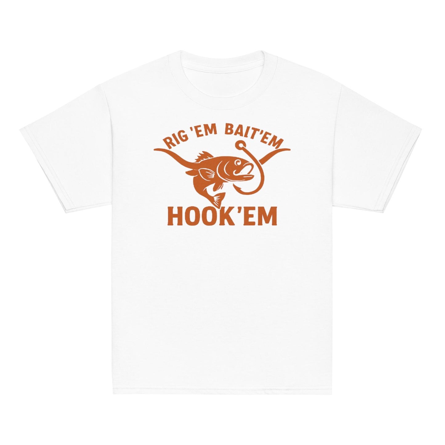 Rig Em Bait Em Hook Em Kids Shirt – Funny Texas Fishing Tee – Longhorn Style Youth Shirt – Southern Outdoors Kid Gift-Youth classic tee