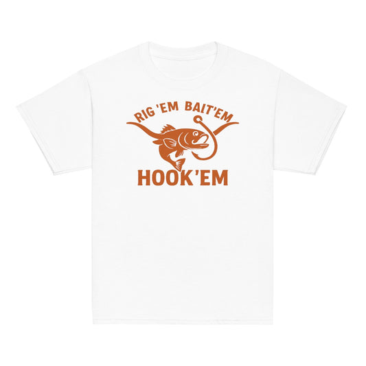 Rig Em Bait Em Hook Em Kids Shirt – Funny Texas Fishing Tee – Longhorn Style Youth Shirt – Southern Outdoors Kid Gift-Youth classic tee