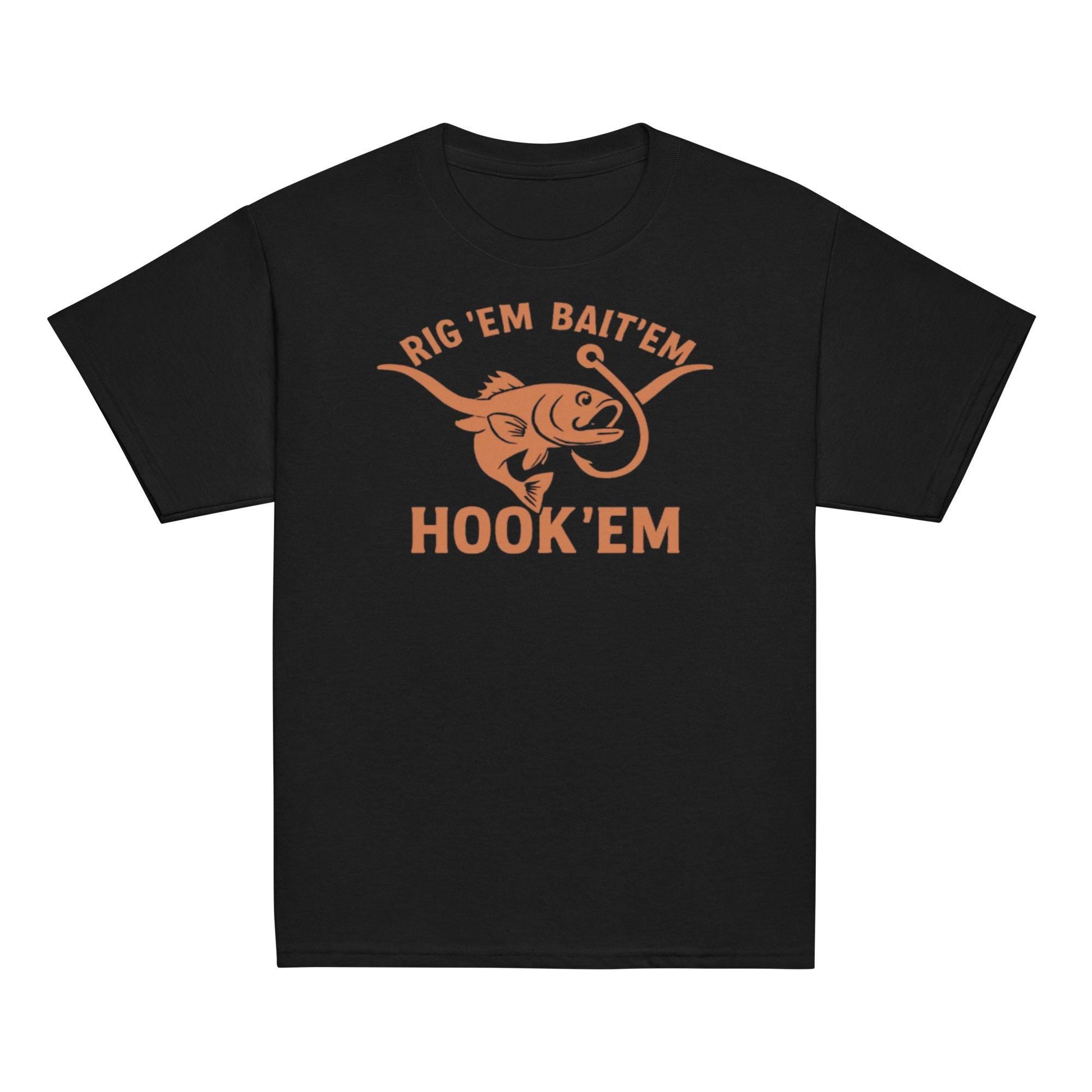 Rig Em Bait Em Hook Em Kids Shirt – Funny Texas Fishing Tee – Longhorn Style Youth Shirt – Southern Outdoors Kid Gift-Youth classic tee