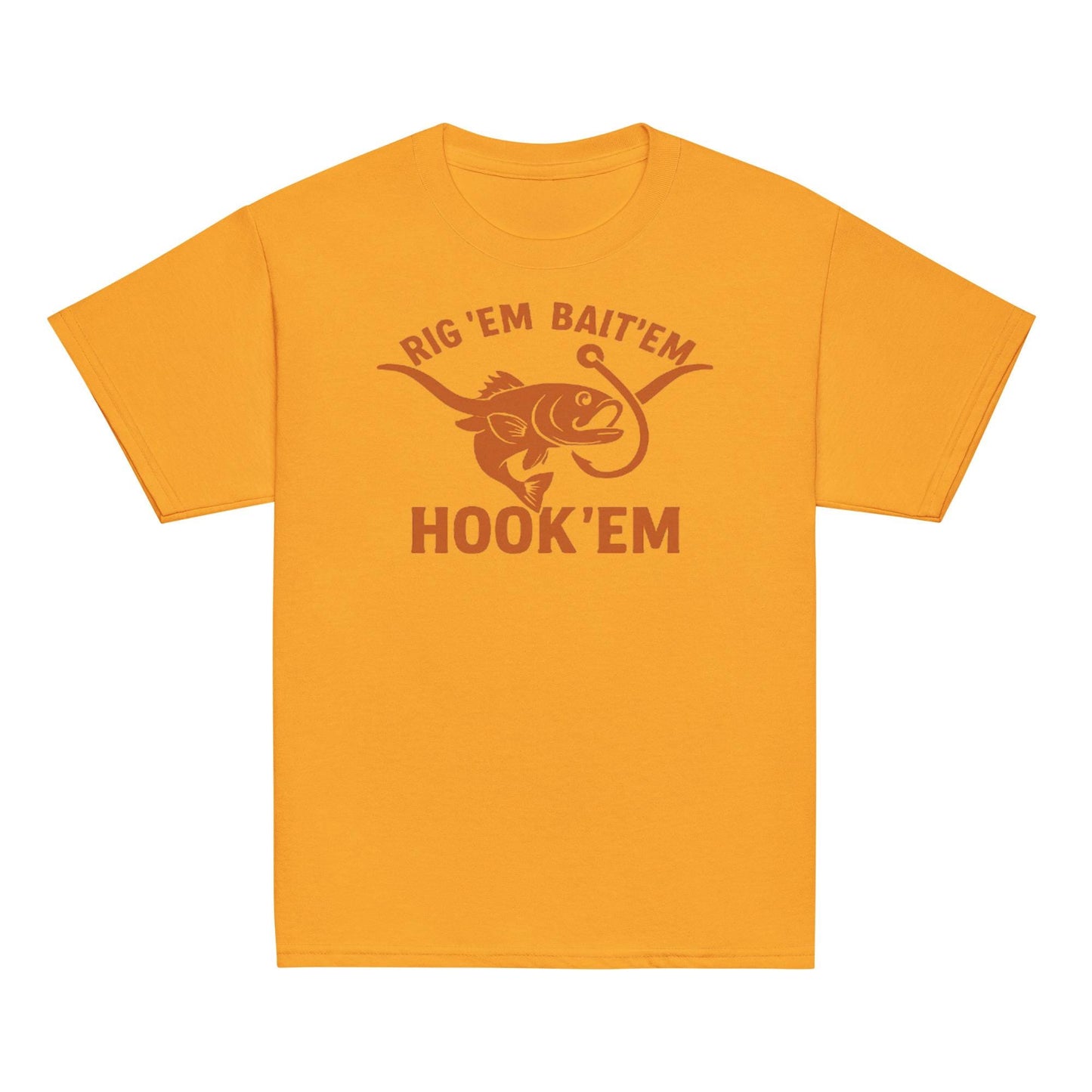 Rig Em Bait Em Hook Em Kids Shirt – Funny Texas Fishing Tee – Longhorn Style Youth Shirt – Southern Outdoors Kid Gift-Youth classic tee