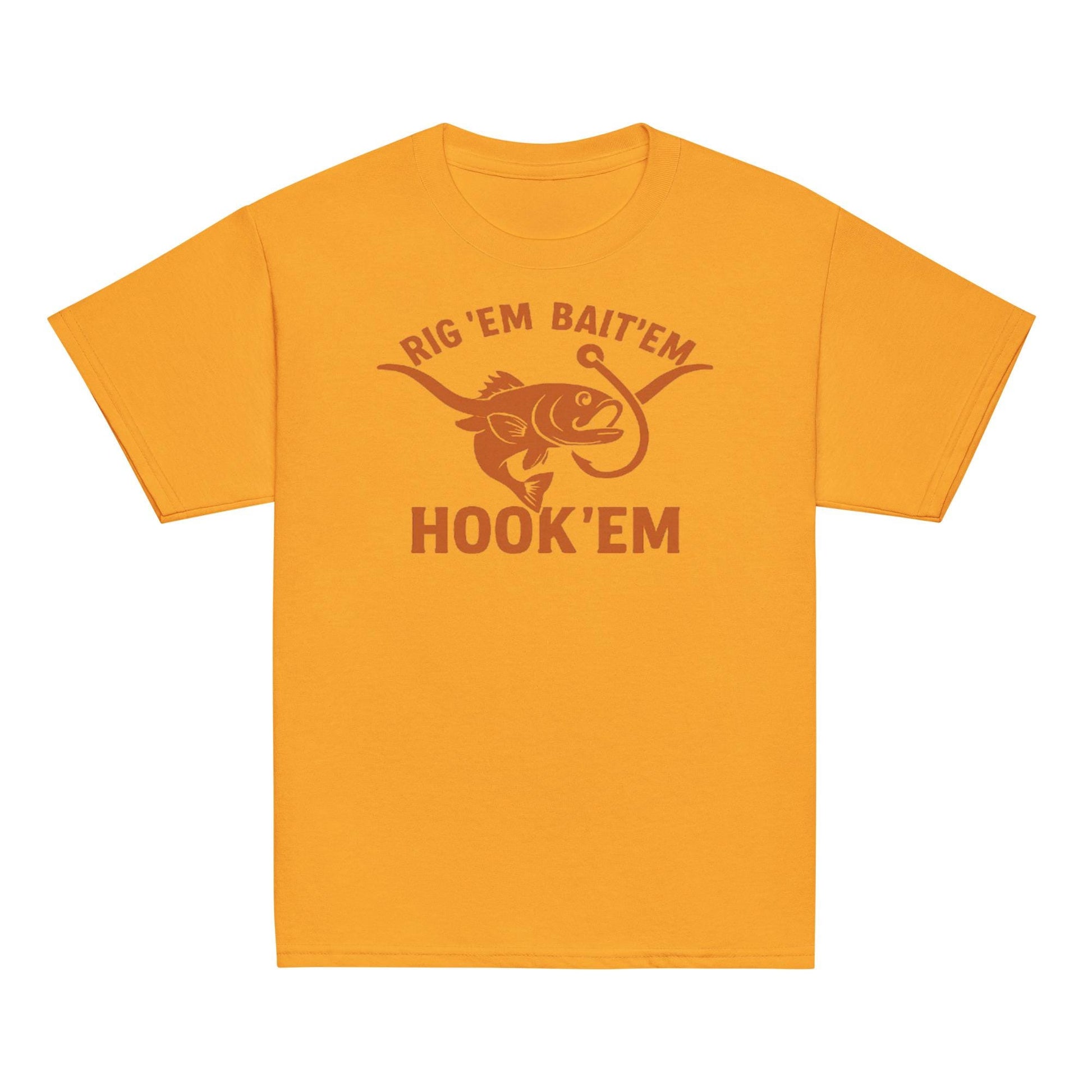 Rig Em Bait Em Hook Em Kids Shirt – Funny Texas Fishing Tee – Longhorn Style Youth Shirt – Southern Outdoors Kid Gift-Youth classic tee