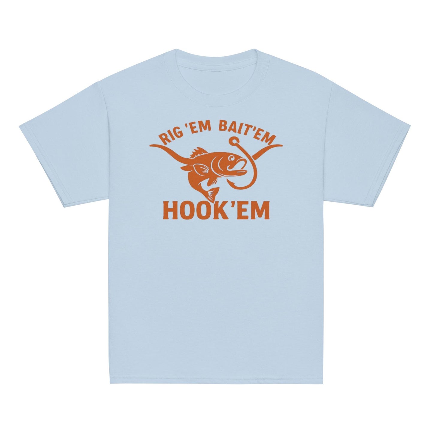 Rig Em Bait Em Hook Em Kids Shirt – Funny Texas Fishing Tee – Longhorn Style Youth Shirt – Southern Outdoors Kid Gift-Youth classic tee