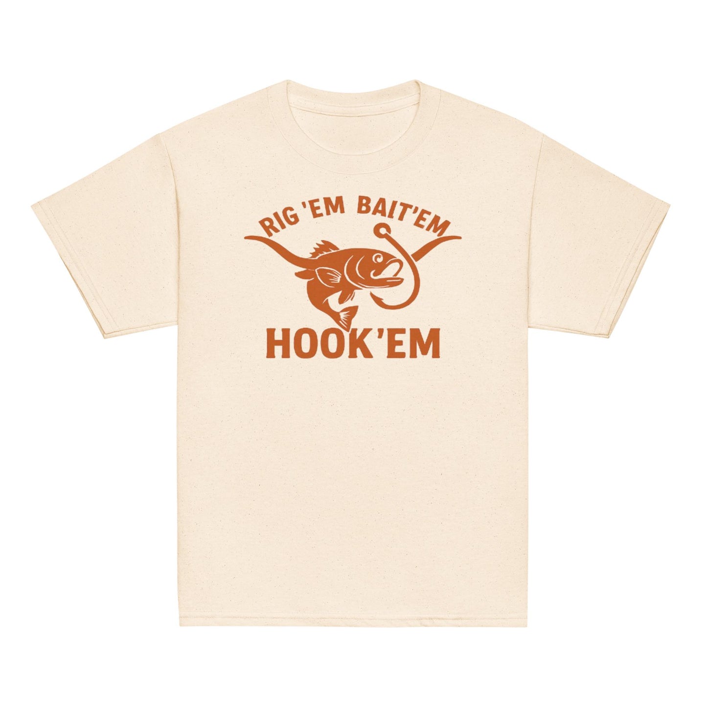 Rig Em Bait Em Hook Em Kids Shirt – Funny Texas Fishing Tee – Longhorn Style Youth Shirt – Southern Outdoors Kid Gift-Youth classic tee