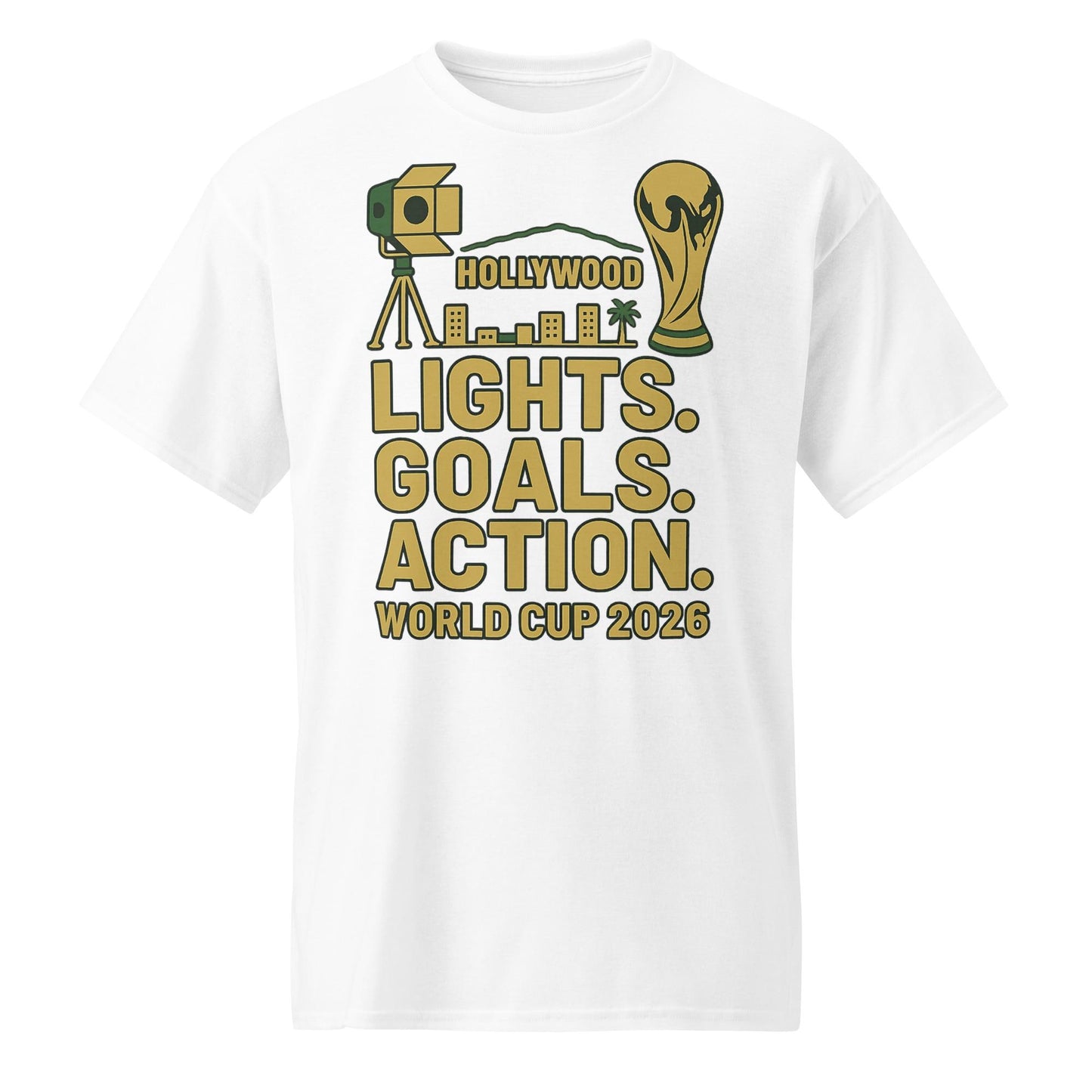 Lights Goals Action Shirt – Hollywood Style World Cup 2026 Tee | Soccer + Cinema Gold on Black - DryBlend® T-Shirt