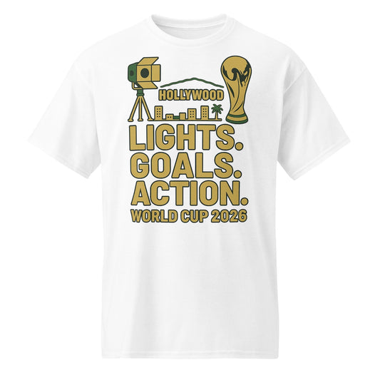 Lights Goals Action Shirt – Hollywood Style World Cup 2026 Tee | Soccer + Cinema Gold on Black - DryBlend® T-Shirt