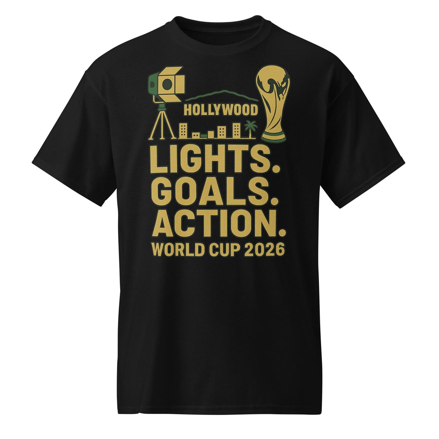 Lights Goals Action Shirt – Hollywood Style World Cup 2026 Tee | Soccer + Cinema Gold on Black - DryBlend® T-Shirt