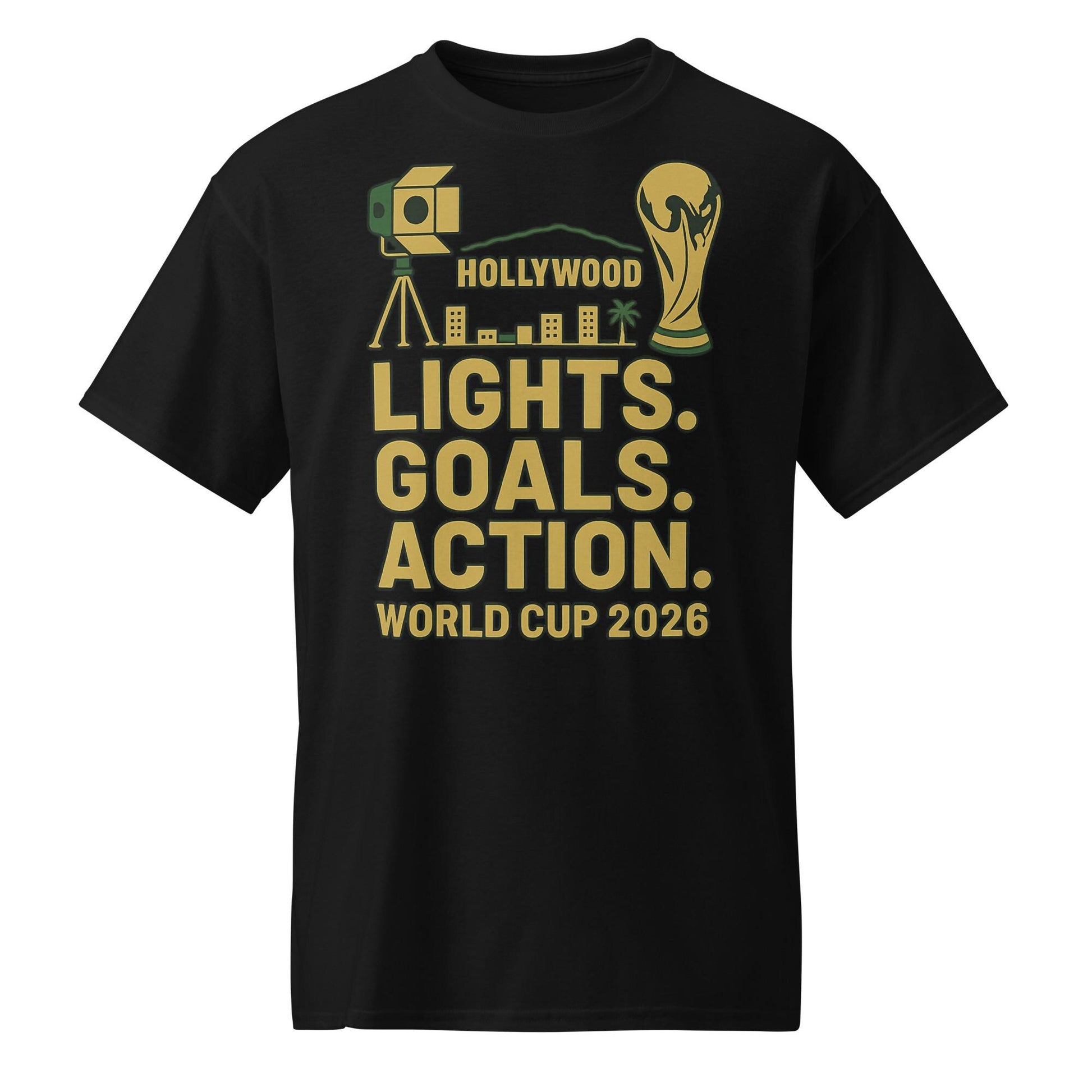 Lights Goals Action Shirt – Hollywood Style World Cup 2026 Tee | Soccer + Cinema Gold on Black - DryBlend® T-Shirt