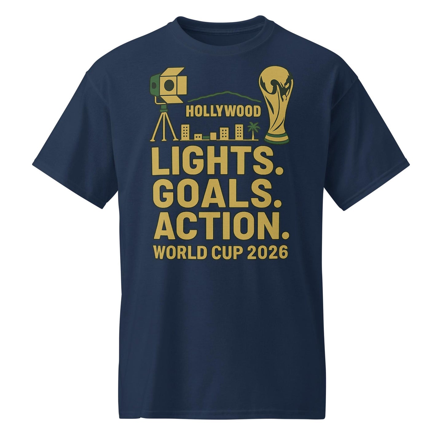 Lights Goals Action Shirt – Hollywood Style World Cup 2026 Tee | Soccer + Cinema Gold on Black - DryBlend® T-Shirt