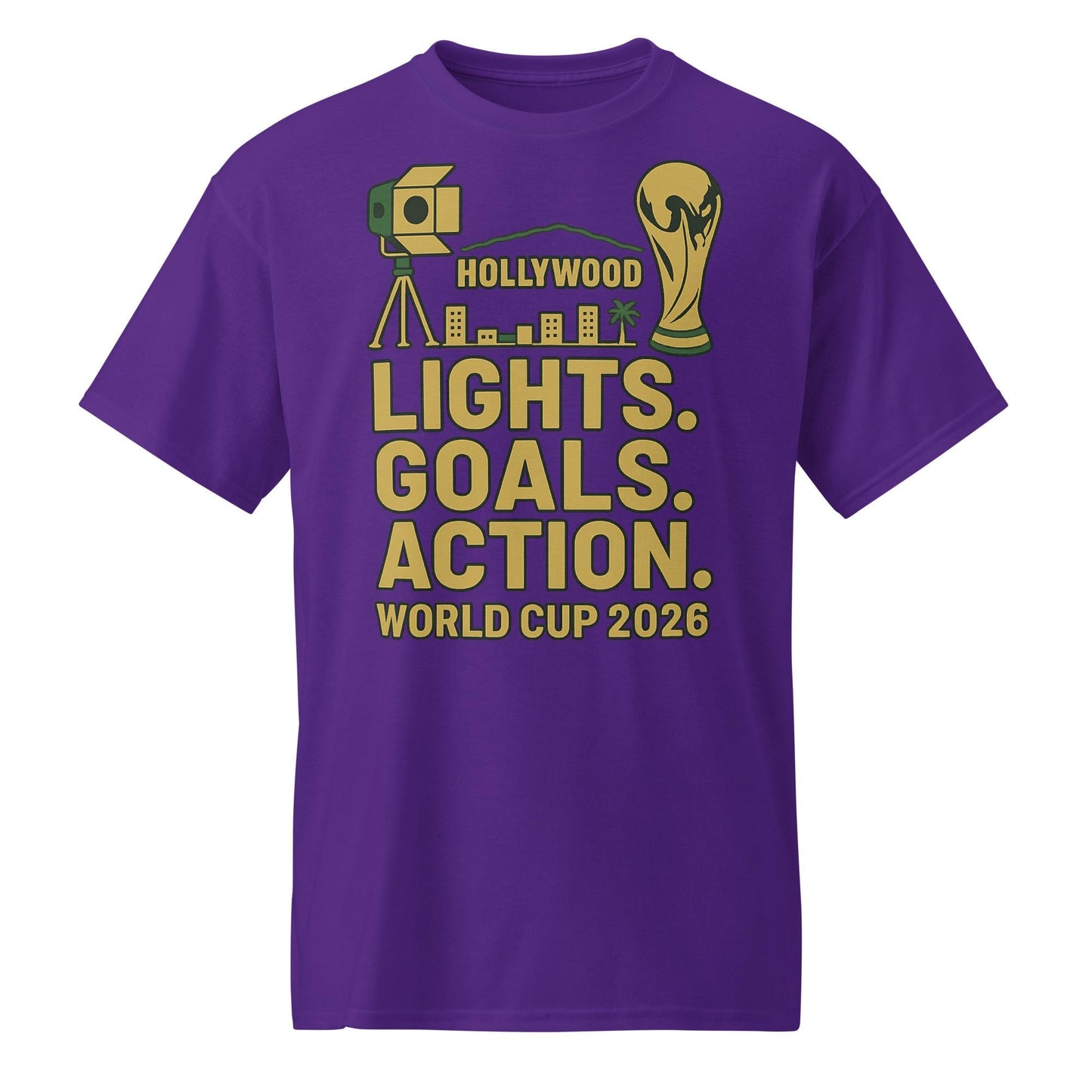 Lights Goals Action Shirt – Hollywood Style World Cup 2026 Tee | Soccer + Cinema Gold on Black - DryBlend® T-Shirt