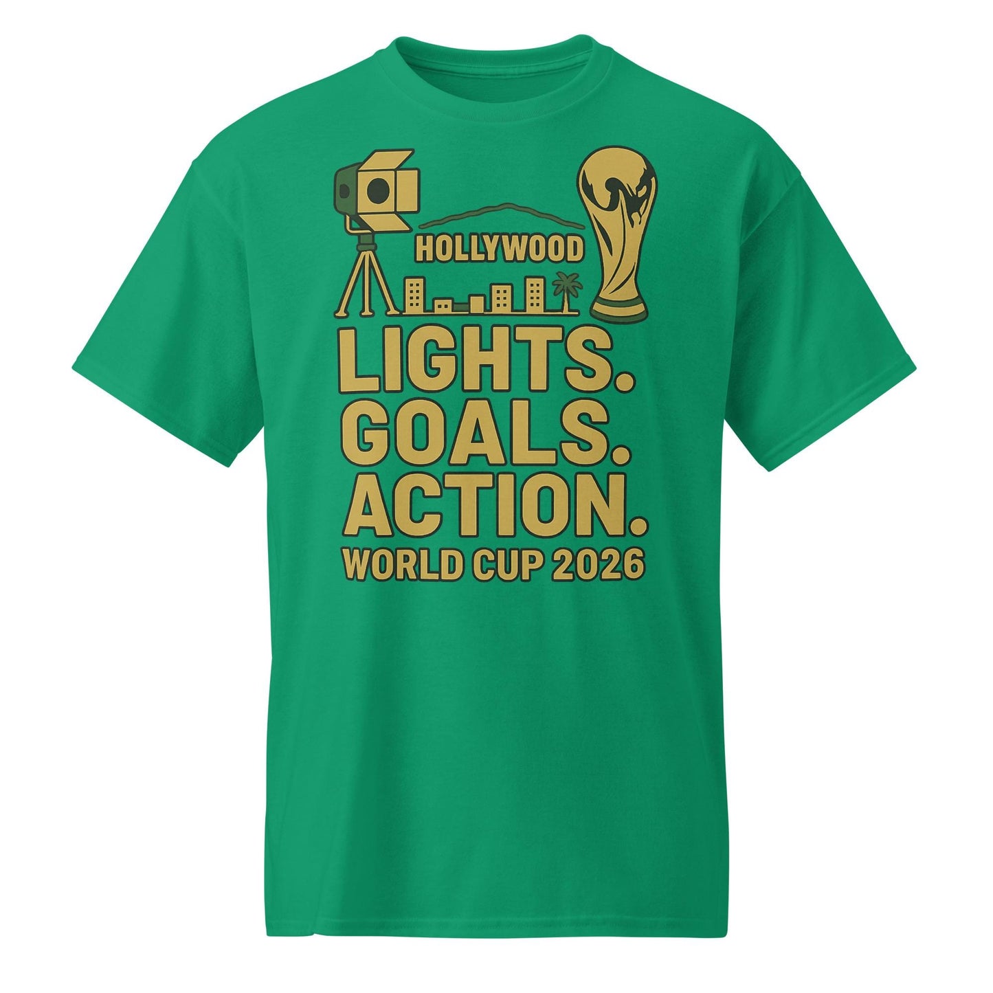 Lights Goals Action Shirt – Hollywood Style World Cup 2026 Tee | Soccer + Cinema Gold on Black - DryBlend® T-Shirt