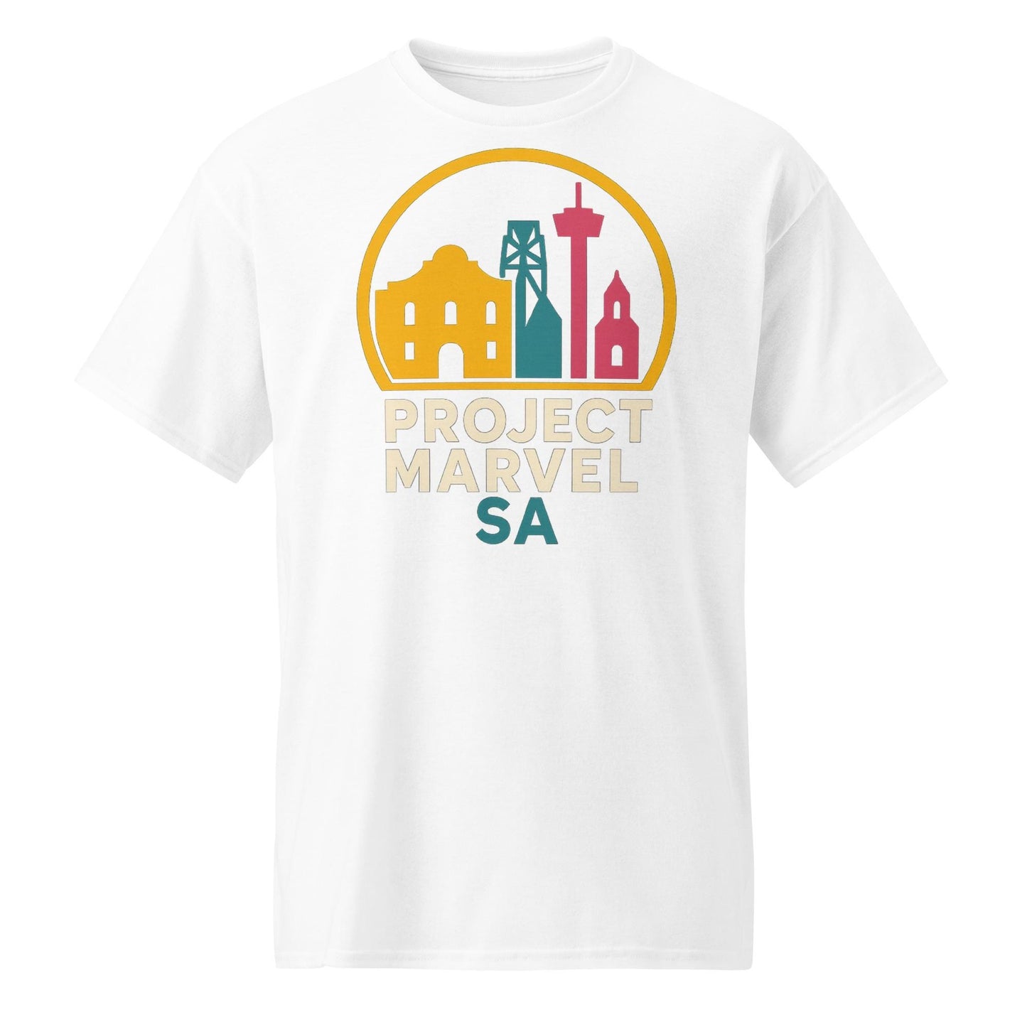 Project Marvel SA Shirt – San Antonio Skyline Tee | Neon Alamo Design | Spurs Colors | Texas Pride Shirt-DryBlend® T-Shirt