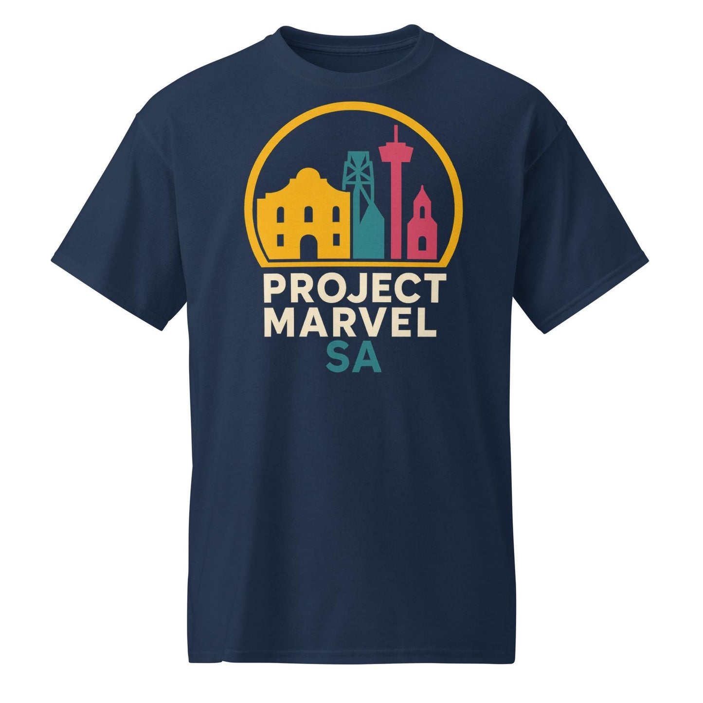 Project Marvel SA Shirt – San Antonio Skyline Tee | Neon Alamo Design | Spurs Colors | Texas Pride Shirt-DryBlend® T-Shirt