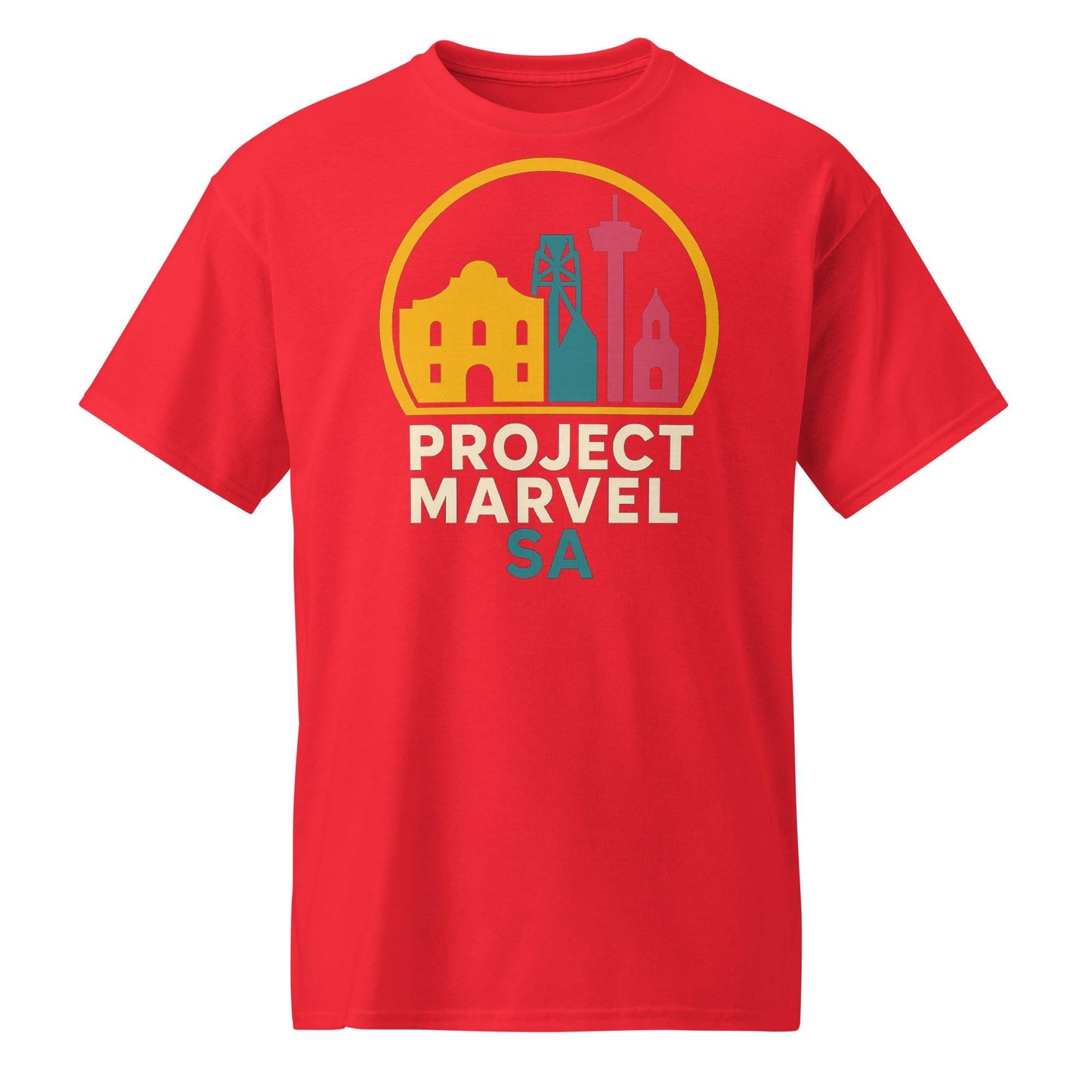 Project Marvel SA Shirt – San Antonio Skyline Tee | Neon Alamo Design | Spurs Colors | Texas Pride Shirt-DryBlend® T-Shirt