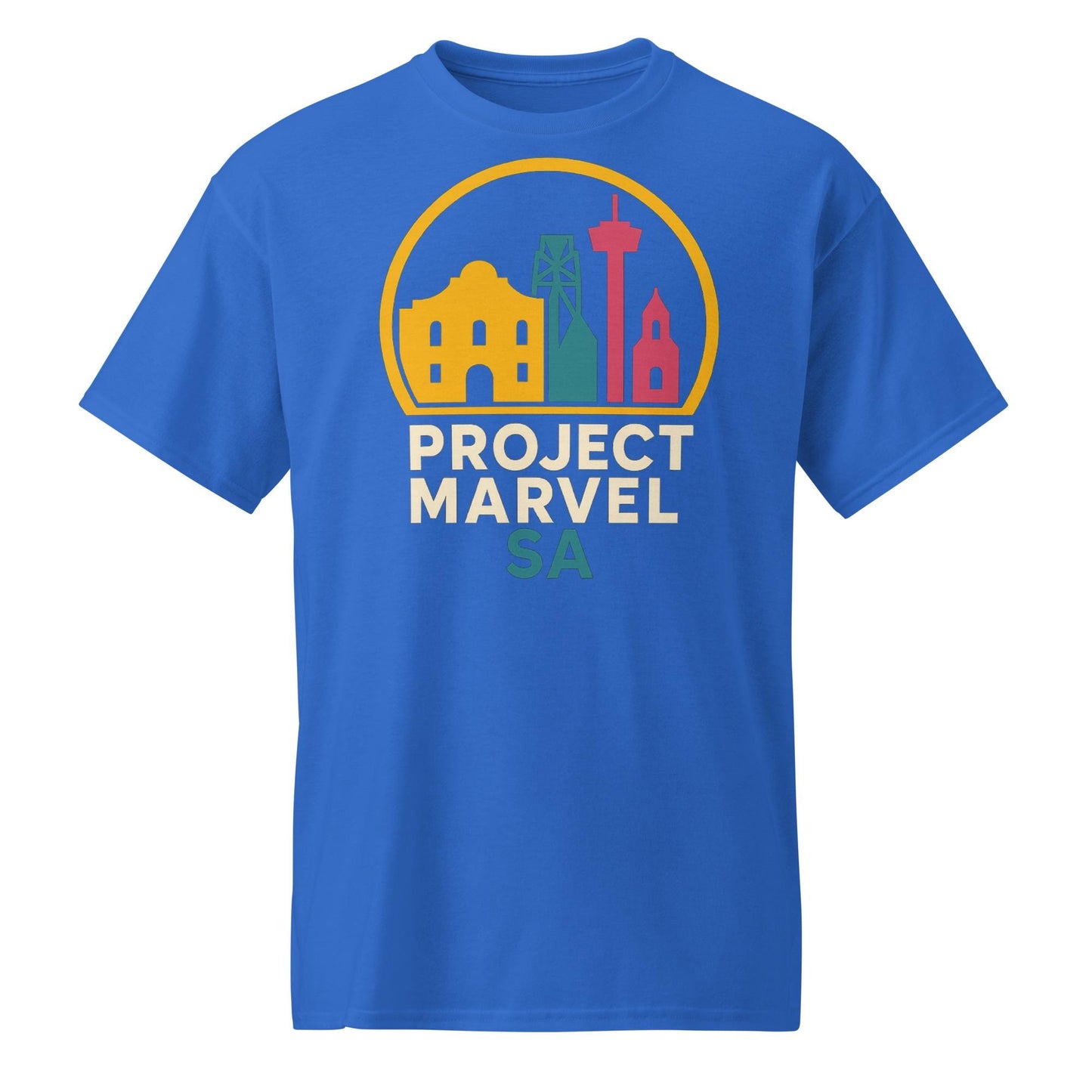 Project Marvel SA Shirt – San Antonio Skyline Tee | Neon Alamo Design | Spurs Colors | Texas Pride Shirt-DryBlend® T-Shirt