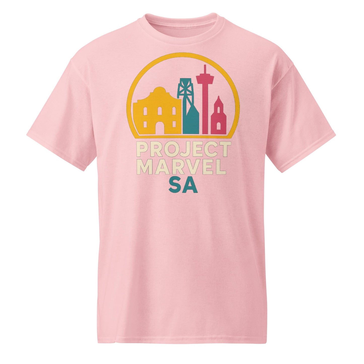 Project Marvel SA Shirt – San Antonio Skyline Tee | Neon Alamo Design | Spurs Colors | Texas Pride Shirt-DryBlend® T-Shirt